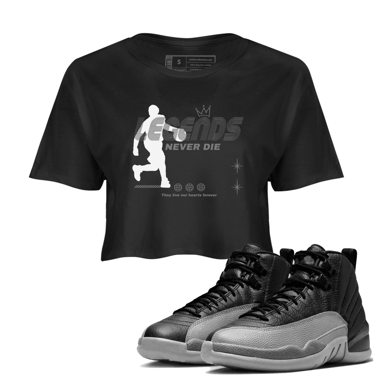 12s Black Wolf Grey shirts to match jordans Legends Never Die sneaker match tees Air Jordan 12 Black Wolf Grey match shoes to clothes Drip Gear Zone unisex cotton Black 1 crop tee
