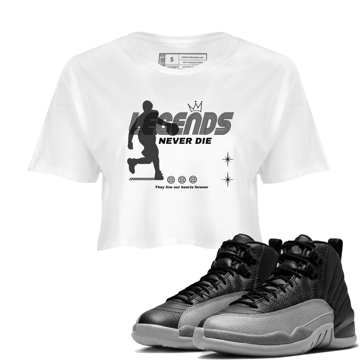 12s Black Wolf Grey shirts to match jordans Legends Never Die sneaker match tees Air Jordan 12 Black Wolf Grey match shoes to clothes Drip Gear Zone unisex cotton White 1 crop tee