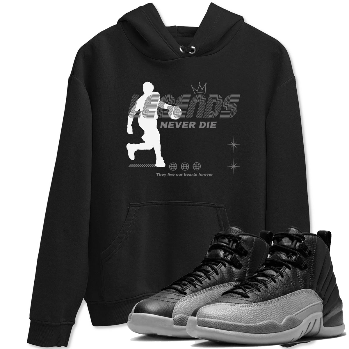 12s Black Wolf Grey shirts to match jordans Legends Never Die sneaker match tees Air Jordan 12 Black Wolf Grey match shoes to clothes Drip Gear Zone unisex cotton Black 1 shirts