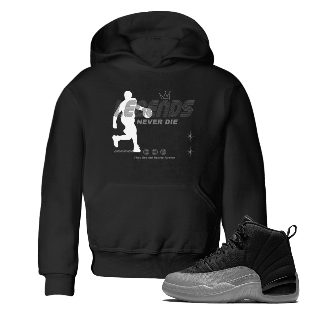 12s Black Wolf Grey shirts to match jordans Legends Never Die sneaker match tees Air Jordan 12 Black Wolf Grey match shoes to clothes Drip Gear Zone Youth Baby Black 1 tee