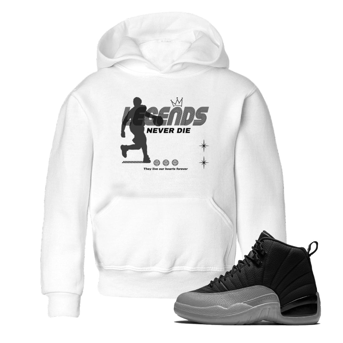 12s Black Wolf Grey shirts to match jordans Legends Never Die sneaker match tees Air Jordan 12 Black Wolf Grey match shoes to clothes Drip Gear Zone Youth Baby White 1 tee