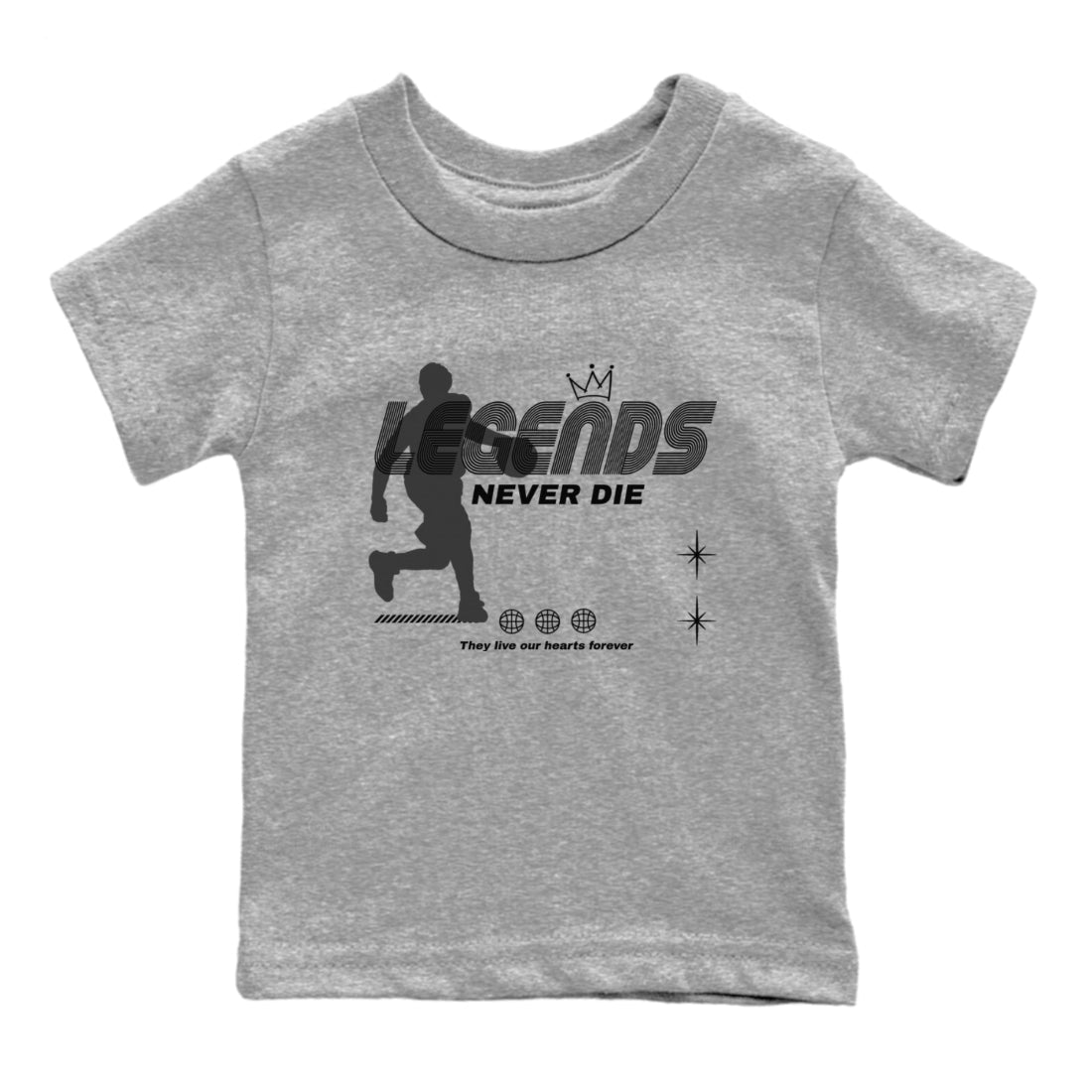 12s Black Wolf Grey shirts to match jordans Legends Never Die sneaker match tees Air Jordan 12 Black Wolf Grey match shoes to clothes Drip Gear Zone Youth Baby Heather Grey 2 tee