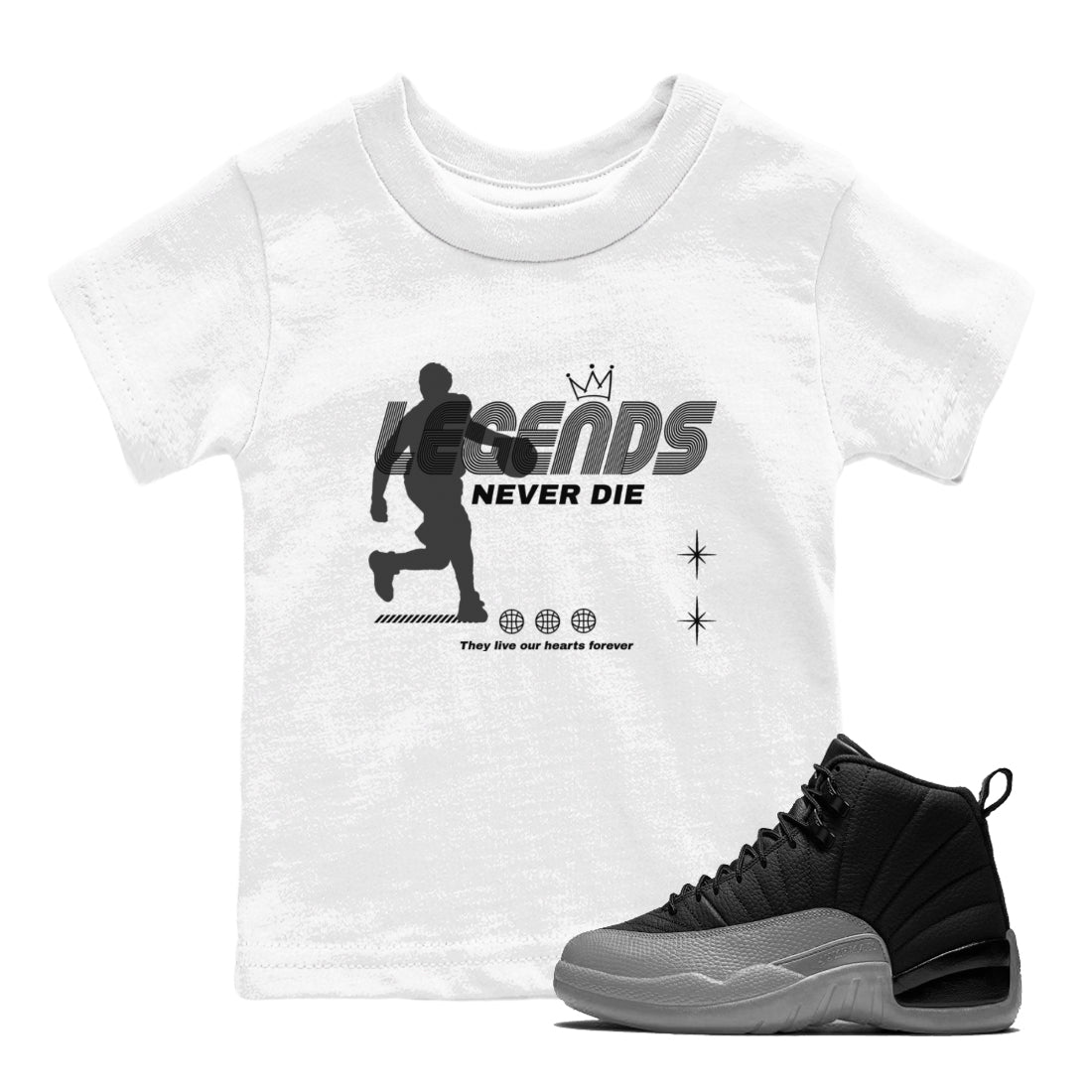 12s Black Wolf Grey shirts to match jordans Legends Never Die sneaker match tees Air Jordan 12 Black Wolf Grey match shoes to clothes Drip Gear Zone Youth Baby White 1 tee