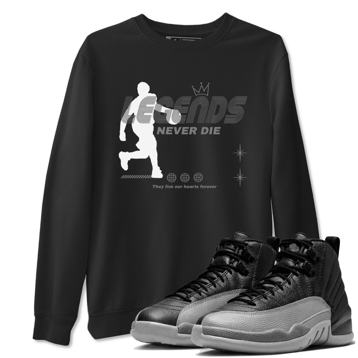 12s Black Wolf Grey shirts to match jordans Legends Never Die sneaker match tees Air Jordan 12 Black Wolf Grey match shoes to clothes Drip Gear Zone unisex cotton Black 1 shirts
