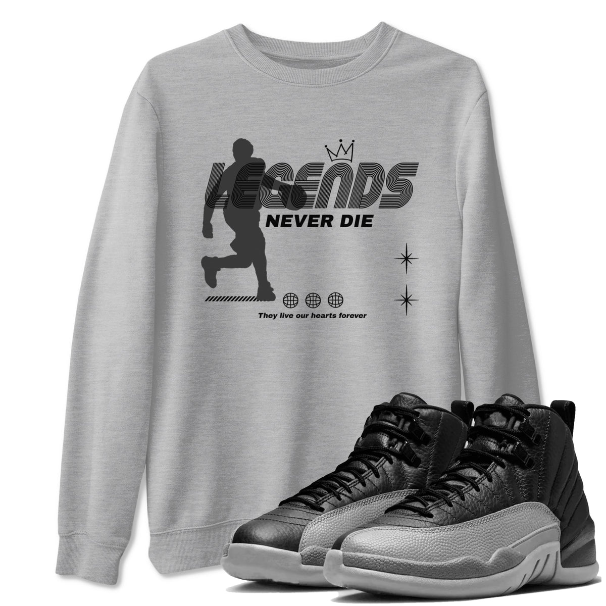 12s Black Wolf Grey shirts to match jordans Legends Never Die sneaker match tees Air Jordan 12 Black Wolf Grey match shoes to clothes Drip Gear Zone unisex cotton Heather Grey 1 shirts
