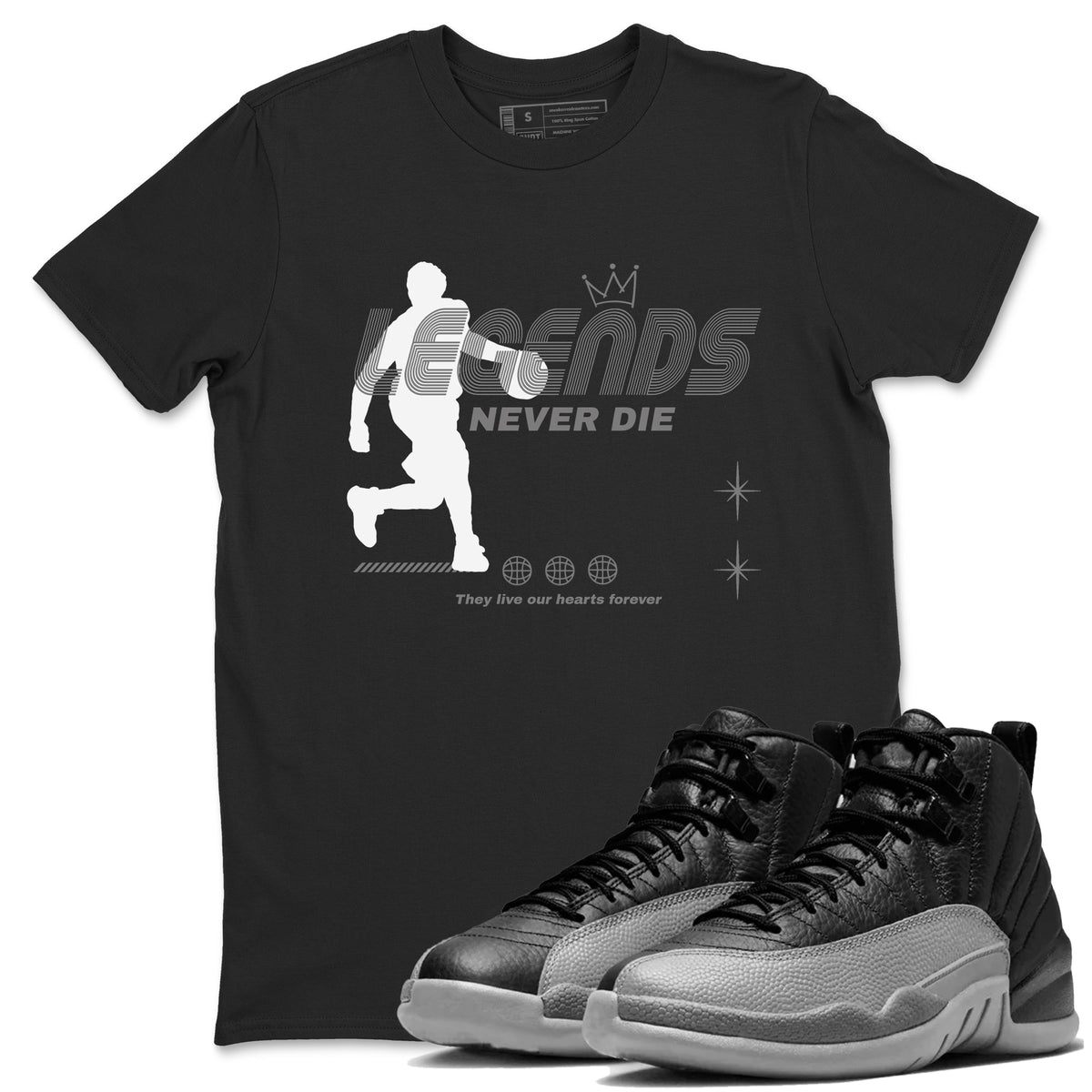 12s Black Wolf Grey shirts to match jordans Legends Never Die sneaker match tees Air Jordan 12 Black Wolf Grey match shoes to clothes Drip Gear Zone unisex cotton Black 1 shirts