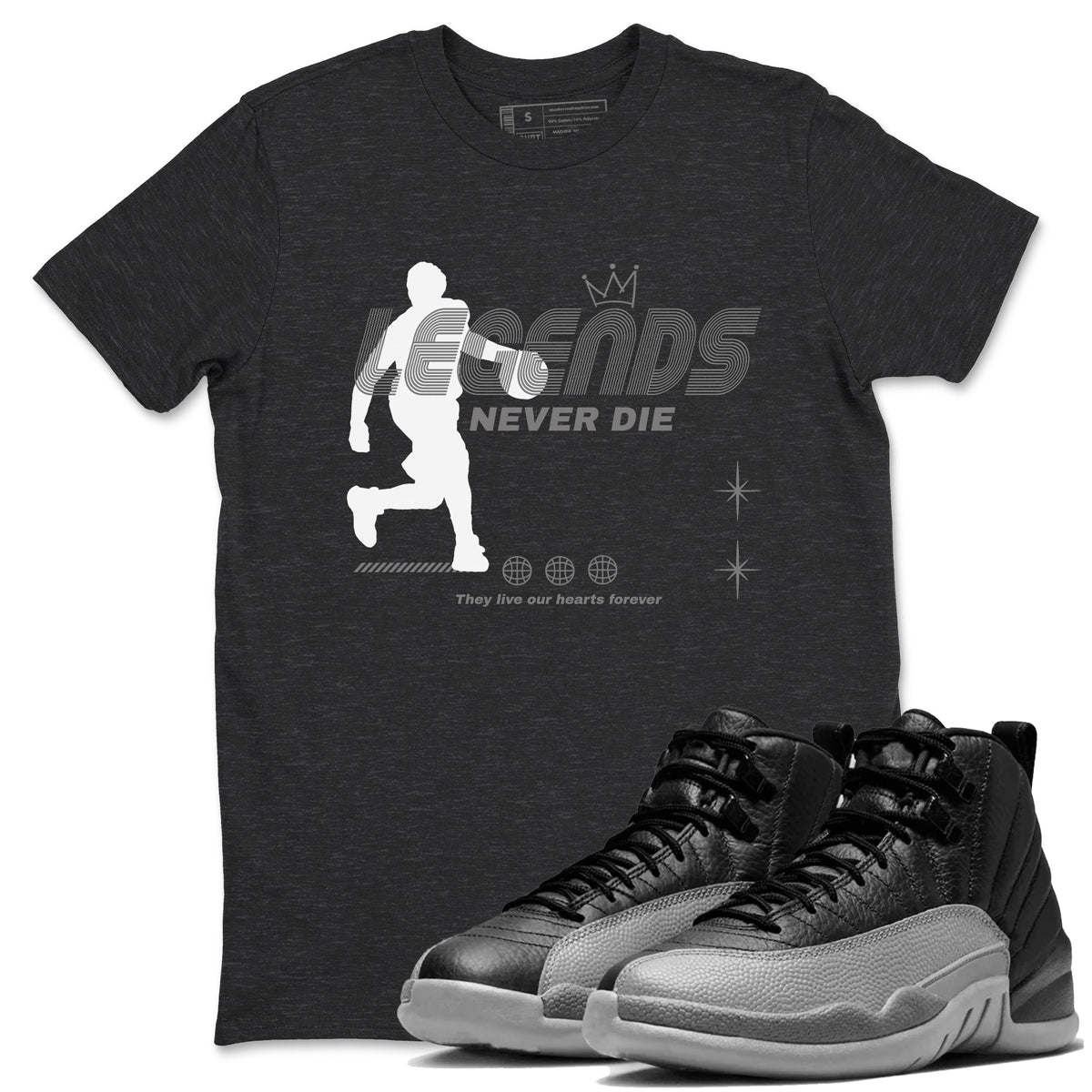 12s Black Wolf Grey shirts to match jordans Legends Never Die sneaker match tees Air Jordan 12 Black Wolf Grey match shoes to clothes Drip Gear Zone unisex cotton Charcoal Heather 1 shirts