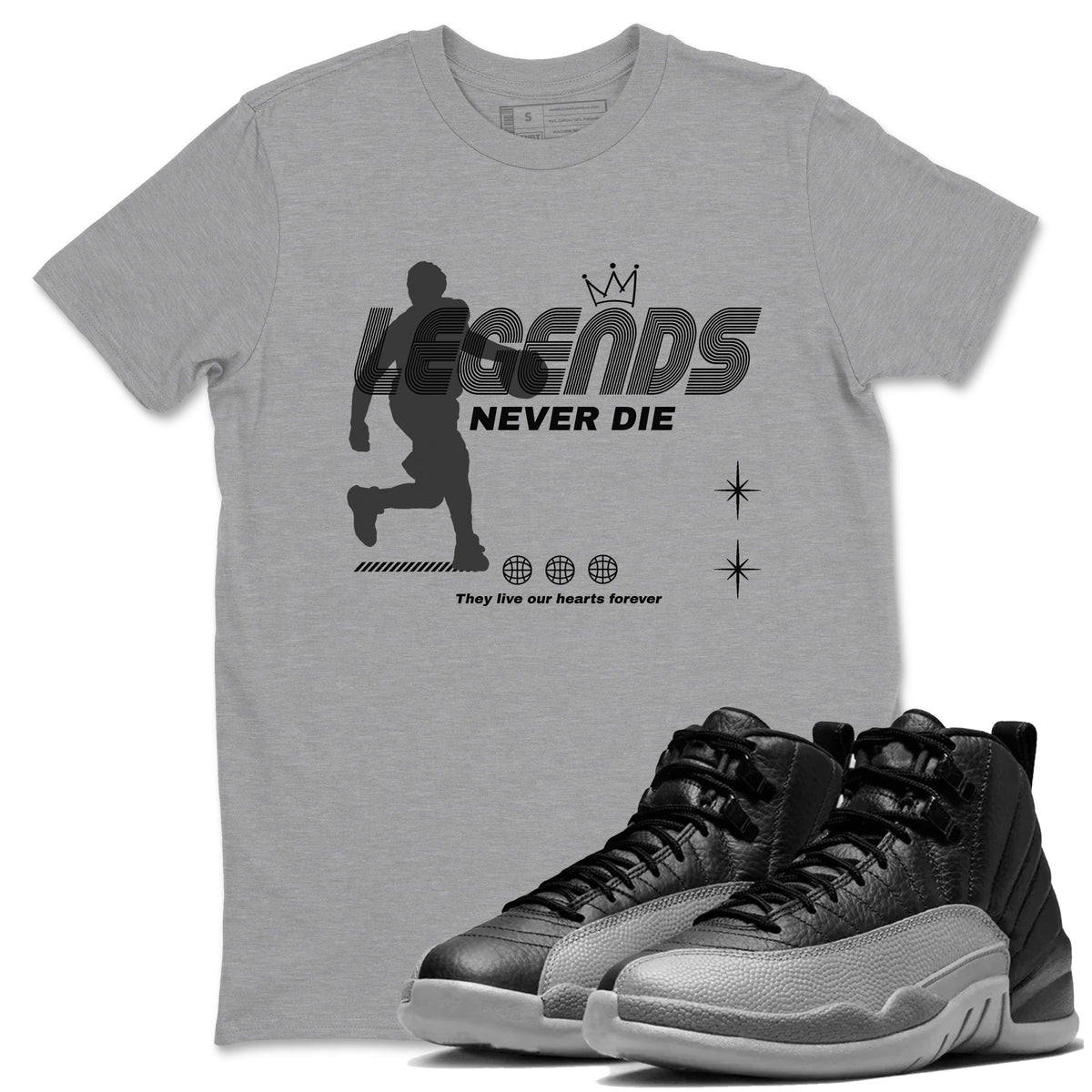 12s Black Wolf Grey shirts to match jordans Legends Never Die sneaker match tees Air Jordan 12 Black Wolf Grey match shoes to clothes Drip Gear Zone unisex cotton Heather Grey 1 shirts