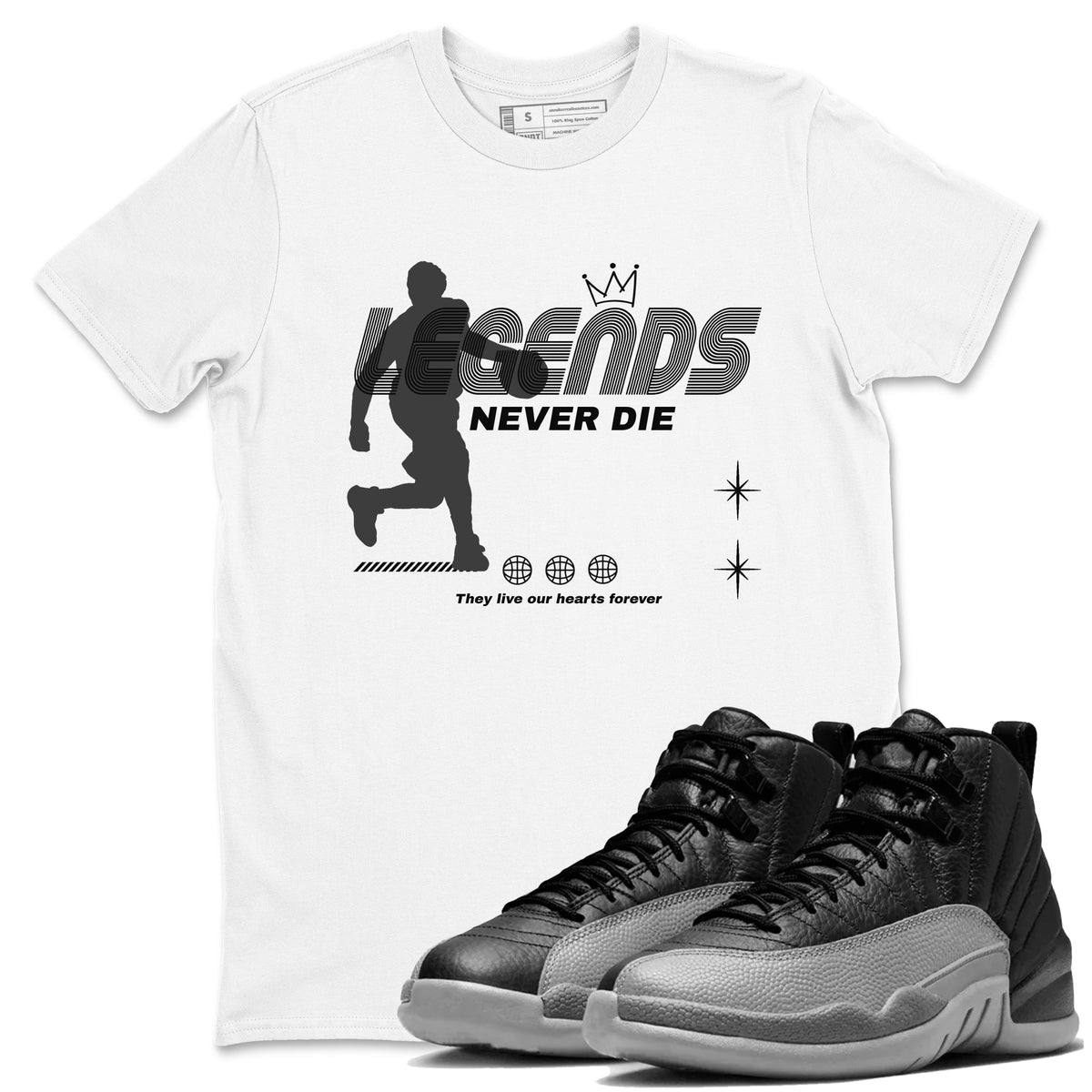 12s Black Wolf Grey shirts to match jordans Legends Never Die sneaker match tees Air Jordan 12 Black Wolf Grey match shoes to clothes Drip Gear Zone unisex cotton White 1 shirts