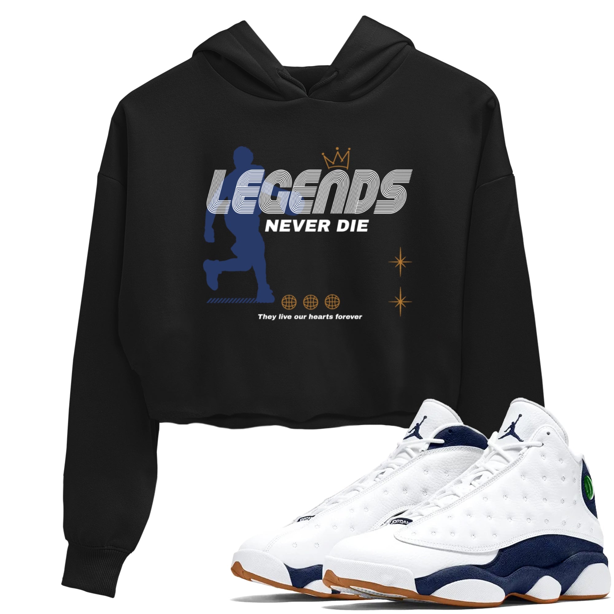 13s Midnight Navy shirts to match jordans Legends Never Die sneaker match tees Air Jordan 13 Midnight Navy match shoes to clothes Drip Gear Zone unisex cotton Black 1 crop tee