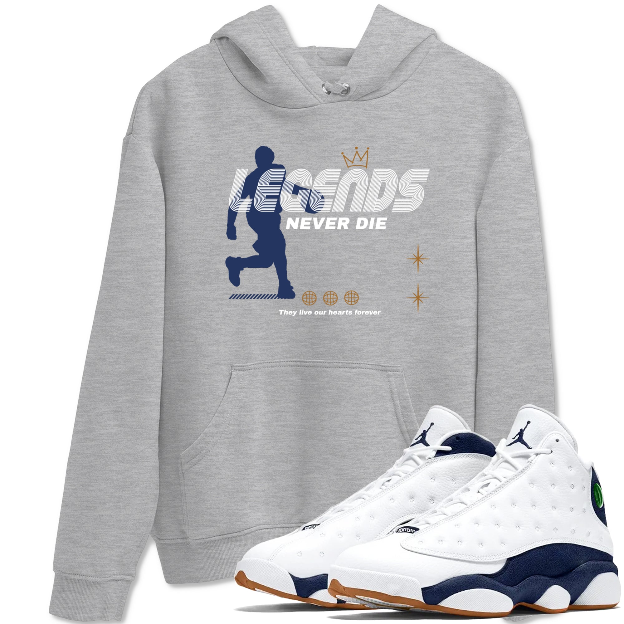13s Midnight Navy shirts to match jordans Legends Never Die sneaker match tees Air Jordan 13 Midnight Navy match shoes to clothes Drip Gear Zone unisex cotton Heather Grey 1 shirts