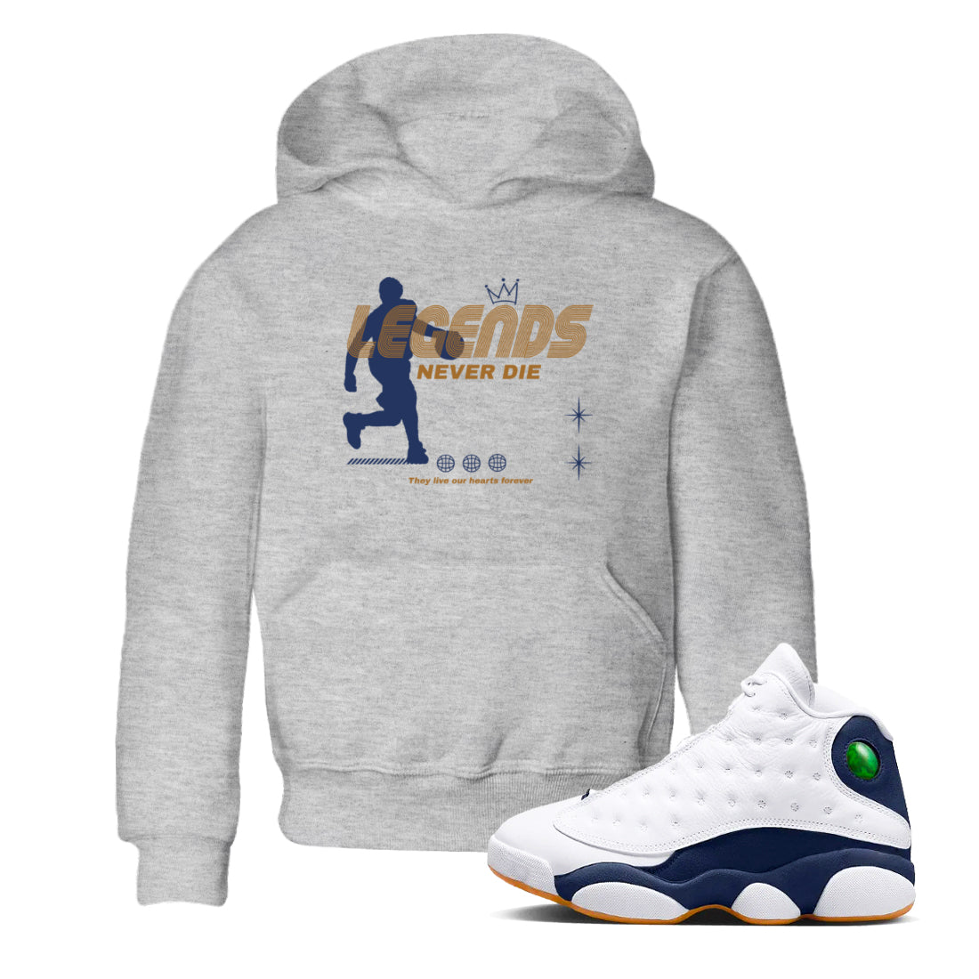 13s Midnight Navy shirts to match jordans Legends Never Die sneaker match tees Air Jordan 13 Midnight Navy match shoes to clothes Drip Gear Zone Youth Baby Heather Grey 1 tee