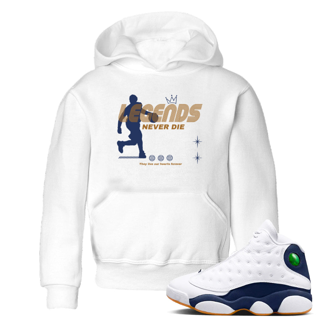 13s Midnight Navy shirts to match jordans Legends Never Die sneaker match tees Air Jordan 13 Midnight Navy match shoes to clothes Drip Gear Zone Youth Baby White 1 tee