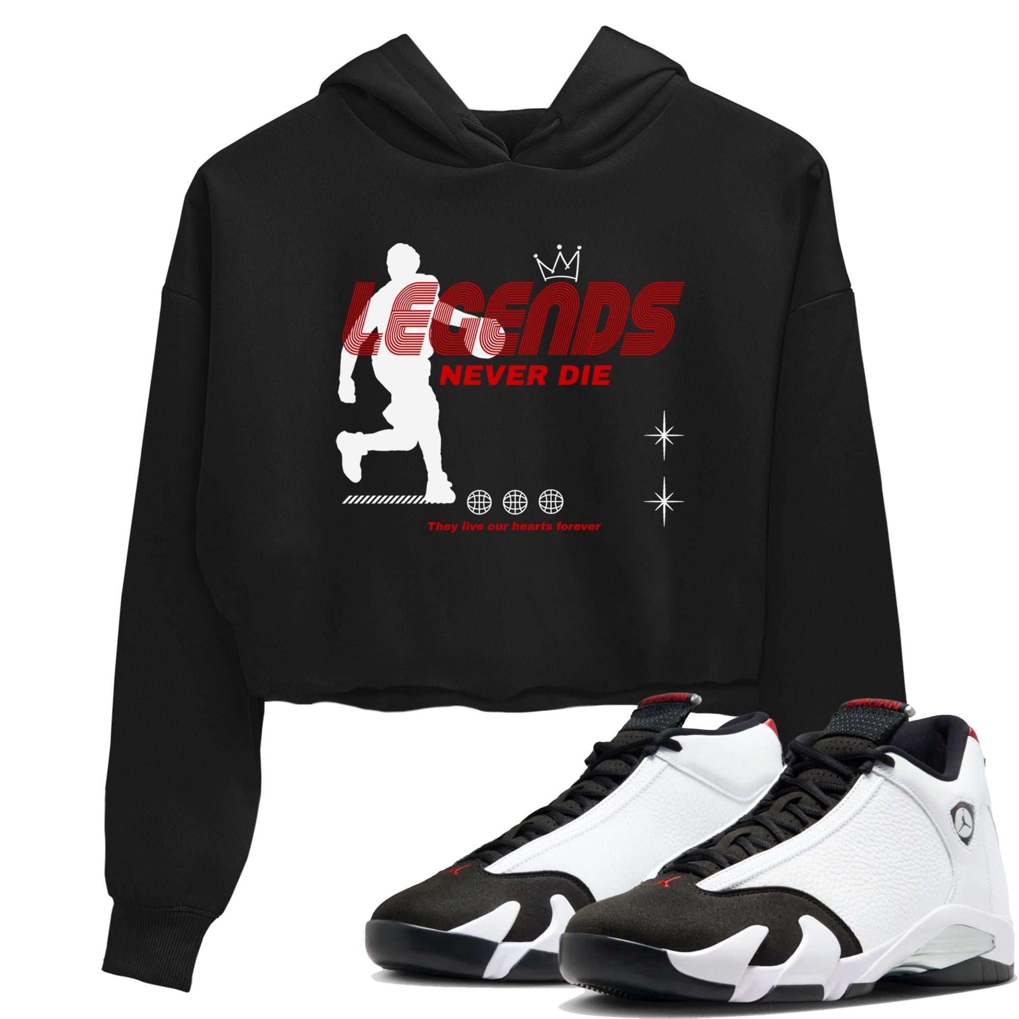 Air Jordan 14 Black Toe t shirts to match sneakers Legends Never Die sneaker match tees 14s Black Toe sneaker match tee Drip Gear Zone unisex cotton Black 1 crop tee
