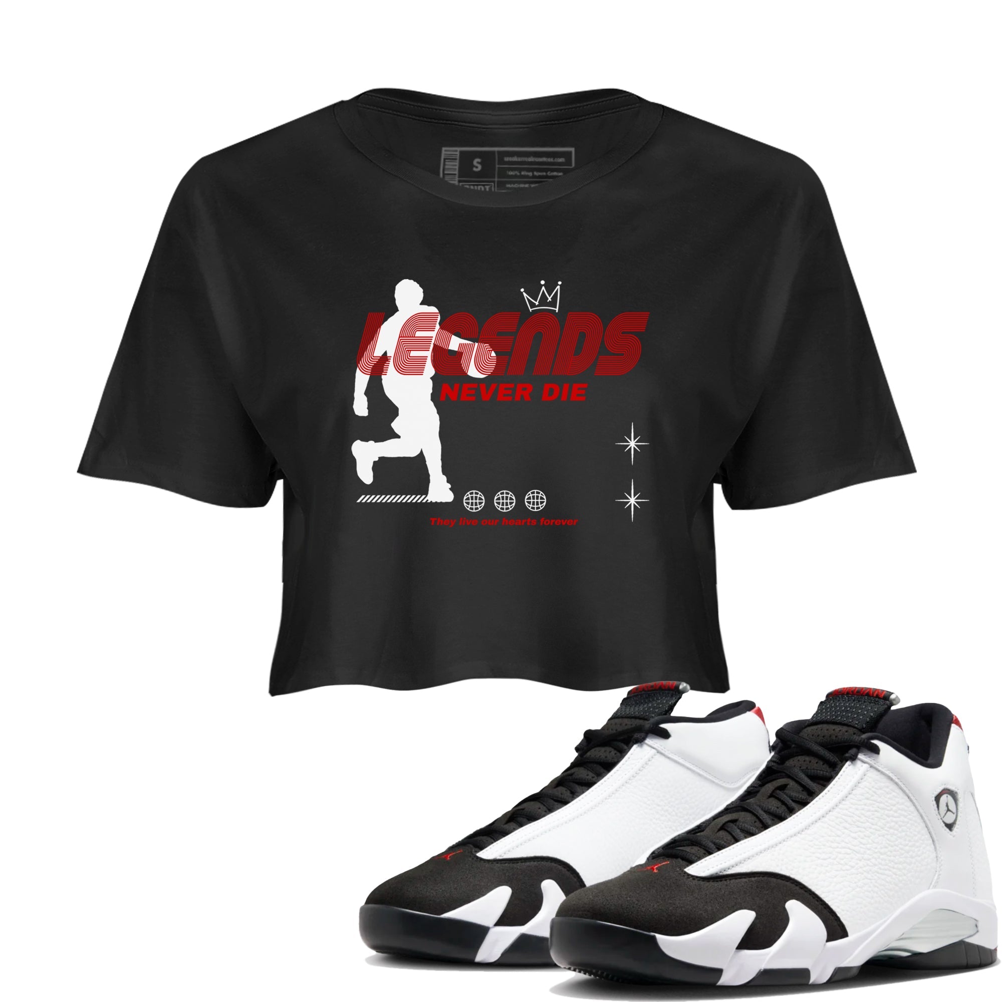 Air Jordan 14 Black Toe t shirts to match sneakers Legends Never Die sneaker match tees 14s Black Toe sneaker match tee Drip Gear Zone unisex cotton Black 1 crop tee