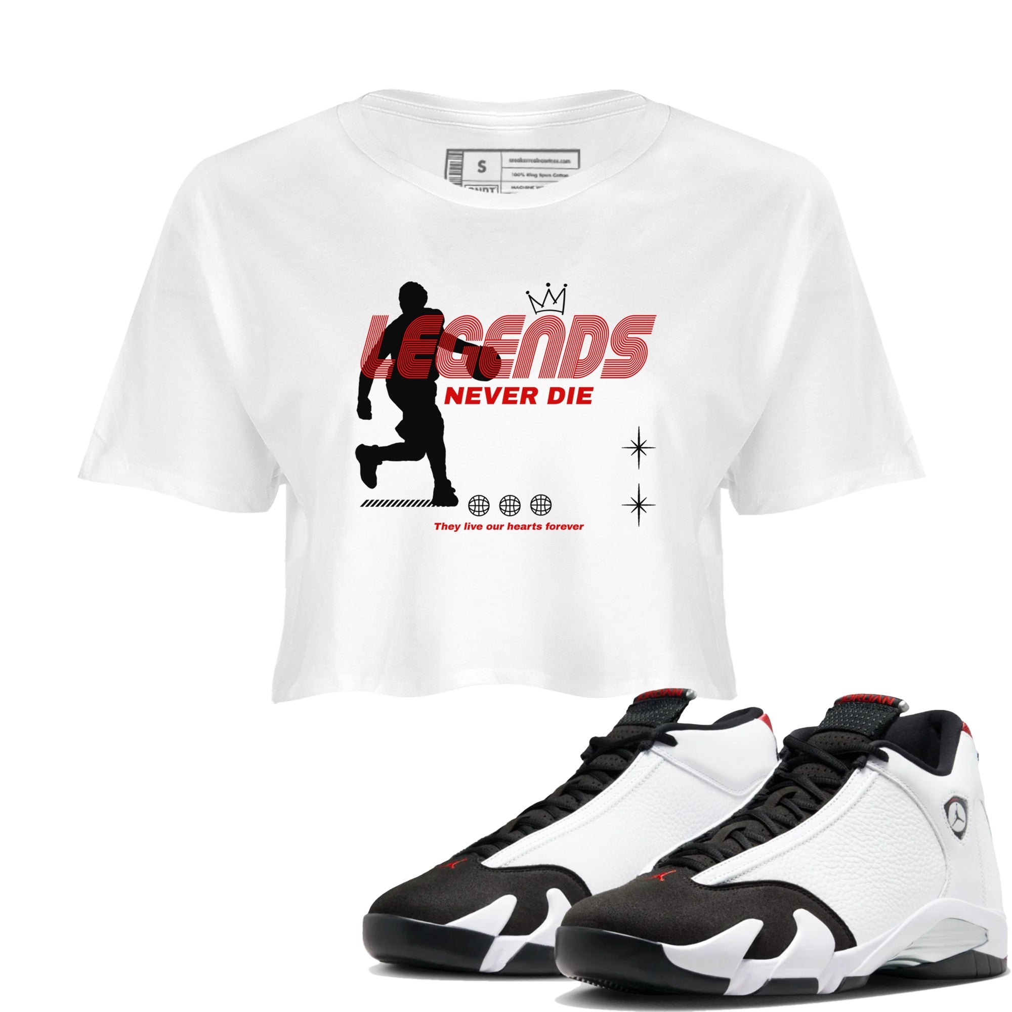 Air Jordan 14 Black Toe t shirts to match sneakers Legends Never Die sneaker match tees 14s Black Toe sneaker match tee Drip Gear Zone unisex cotton White 1 crop tee