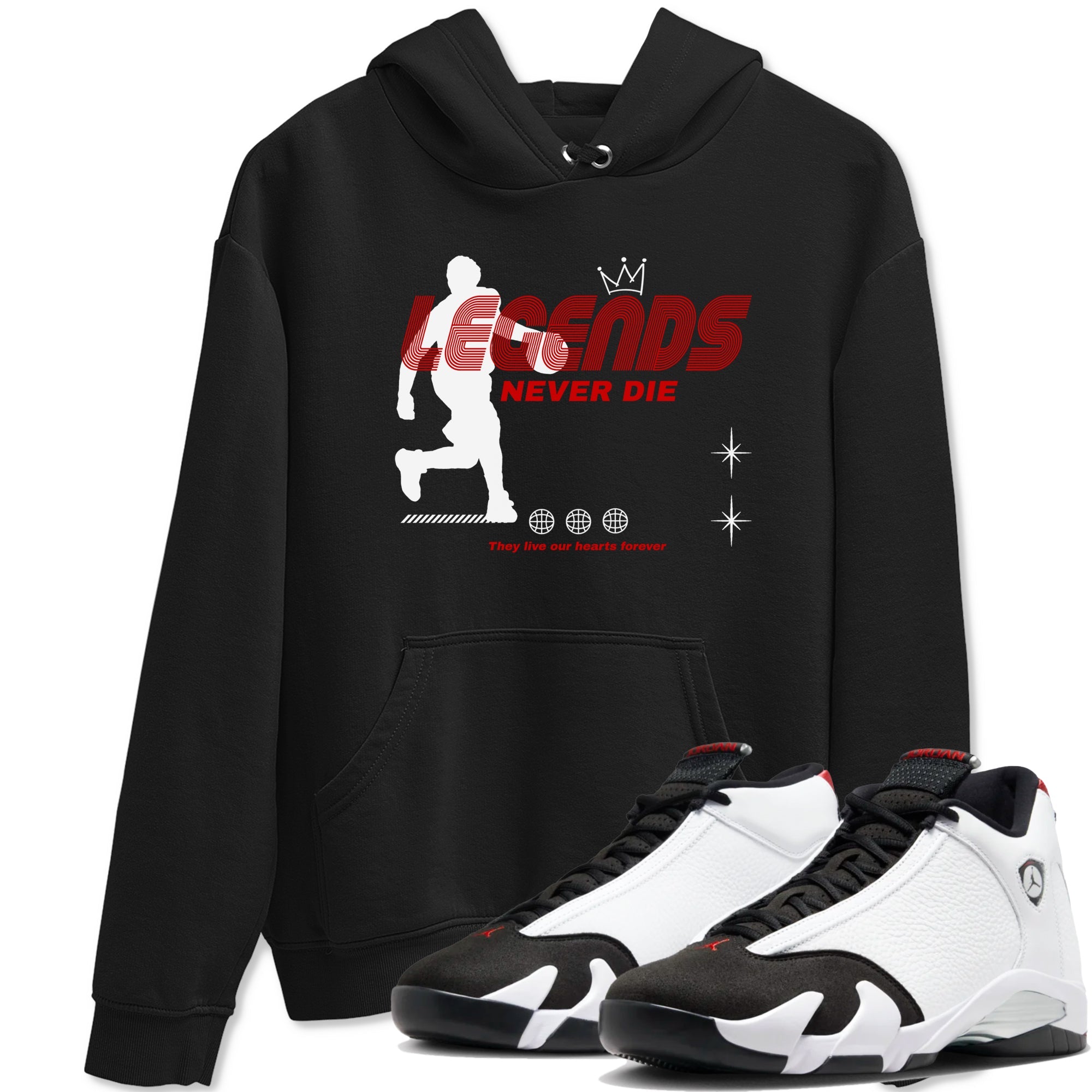 Air Jordan 14 Black Toe t shirts to match sneakers Legends Never Die sneaker match tees 14s Black Toe sneaker match tee Drip Gear Zone unisex cotton Black 1 shirts