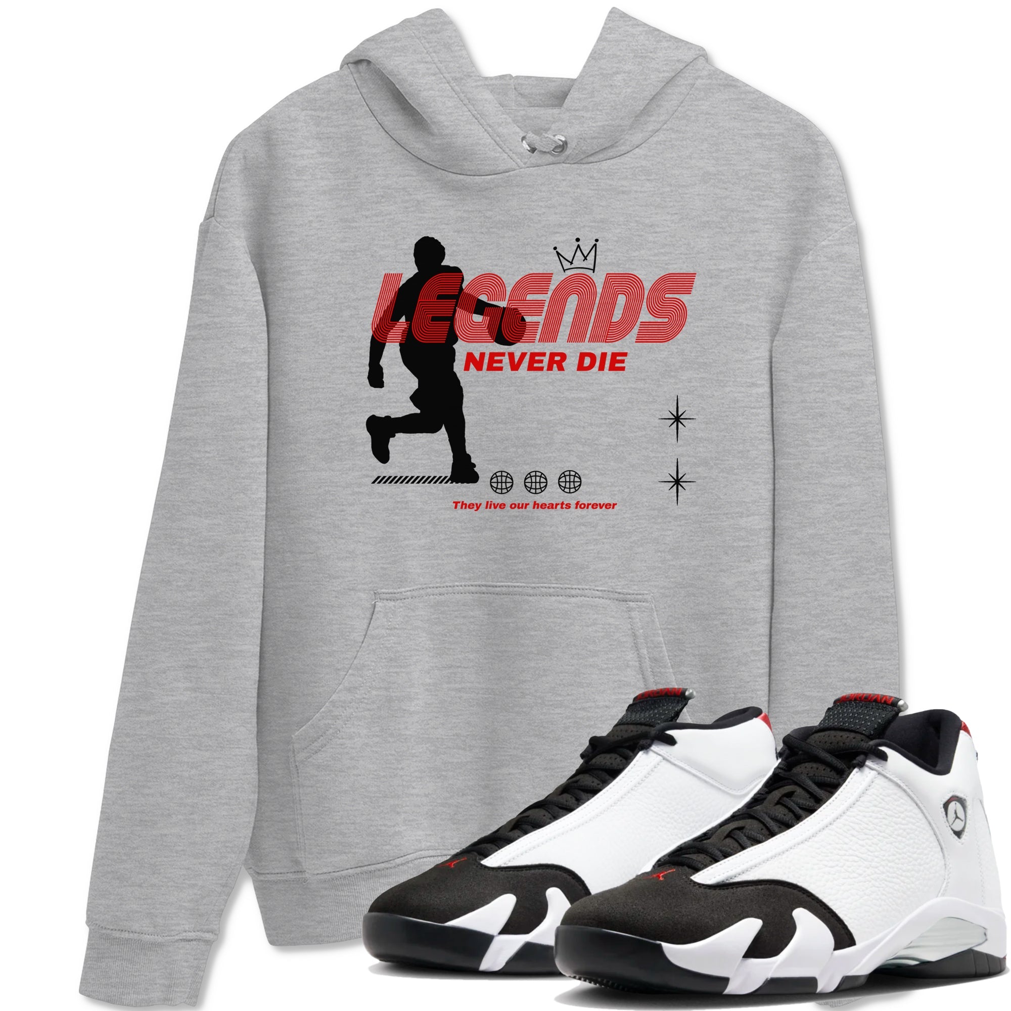 Air Jordan 14 Black Toe t shirts to match sneakers Legends Never Die sneaker match tees 14s Black Toe sneaker match tee Drip Gear Zone unisex cotton Heather Grey 1 shirts
