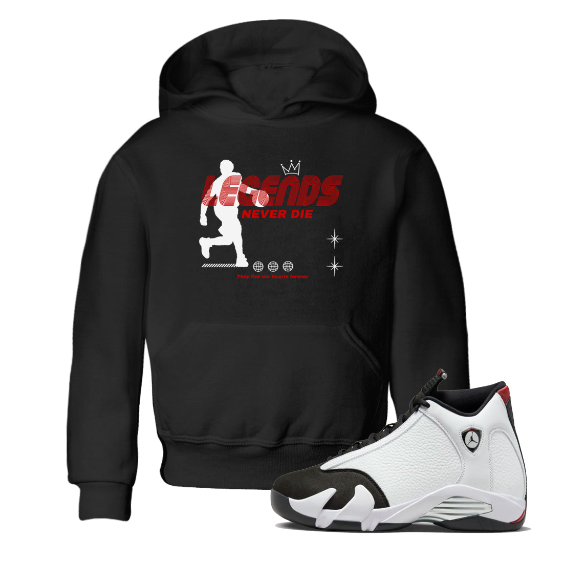 Jordan 14 Retro Black Toe t shirts to match sneakers Legends Never Die sneaker match tees 14s Black Toe sneaker match tee Drip Gear Zone Youth Baby Black 1 tee