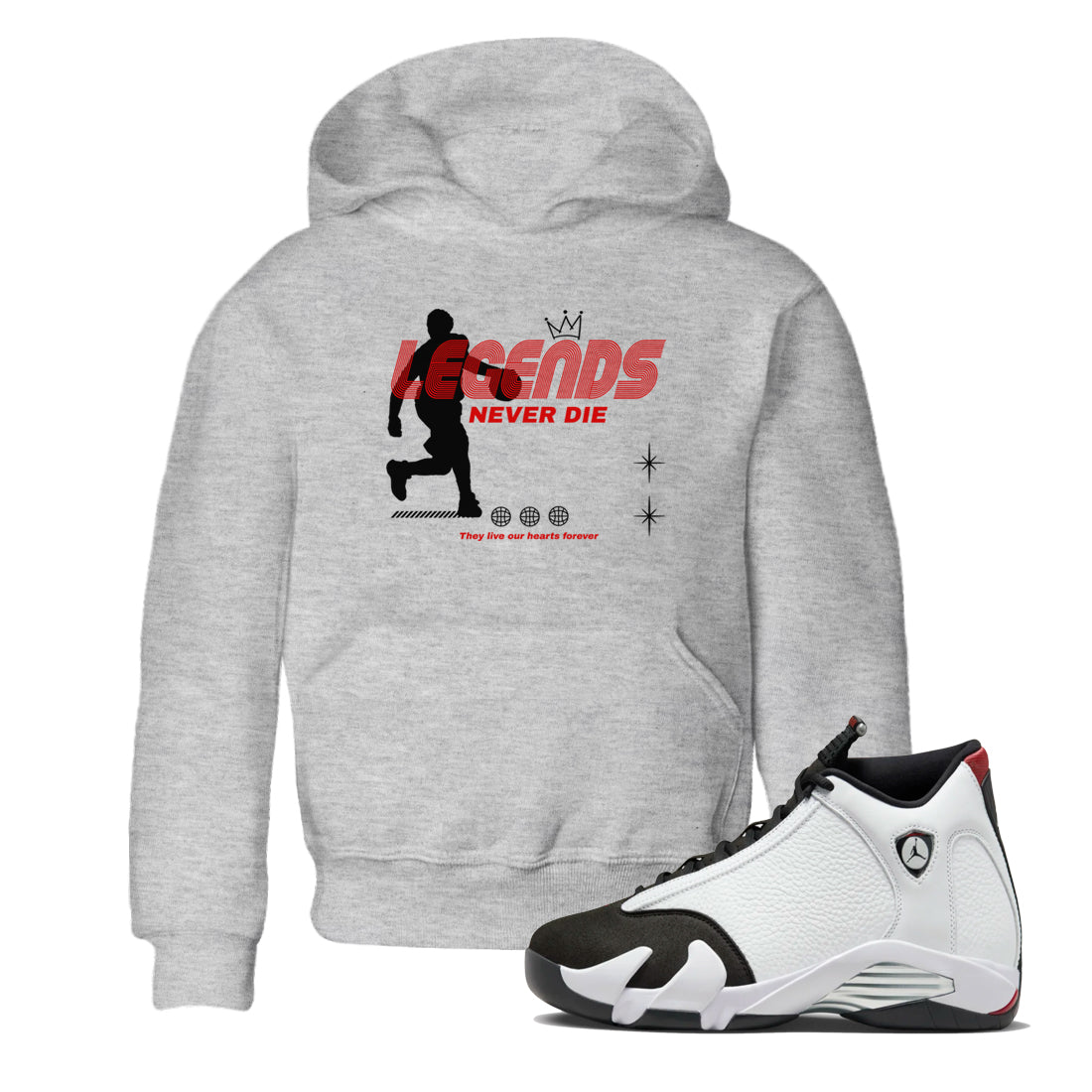 Jordan 14 Retro Black Toe t shirts to match sneakers Legends Never Die sneaker match tees 14s Black Toe sneaker match tee Drip Gear Zone Youth Baby Heather Grey 1 tee