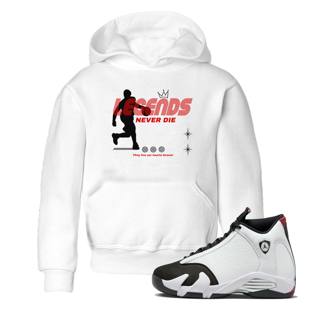 Jordan 14 Retro Black Toe t shirts to match sneakers Legends Never Die sneaker match tees 14s Black Toe sneaker match tee Drip Gear Zone Youth Baby White 1 tee