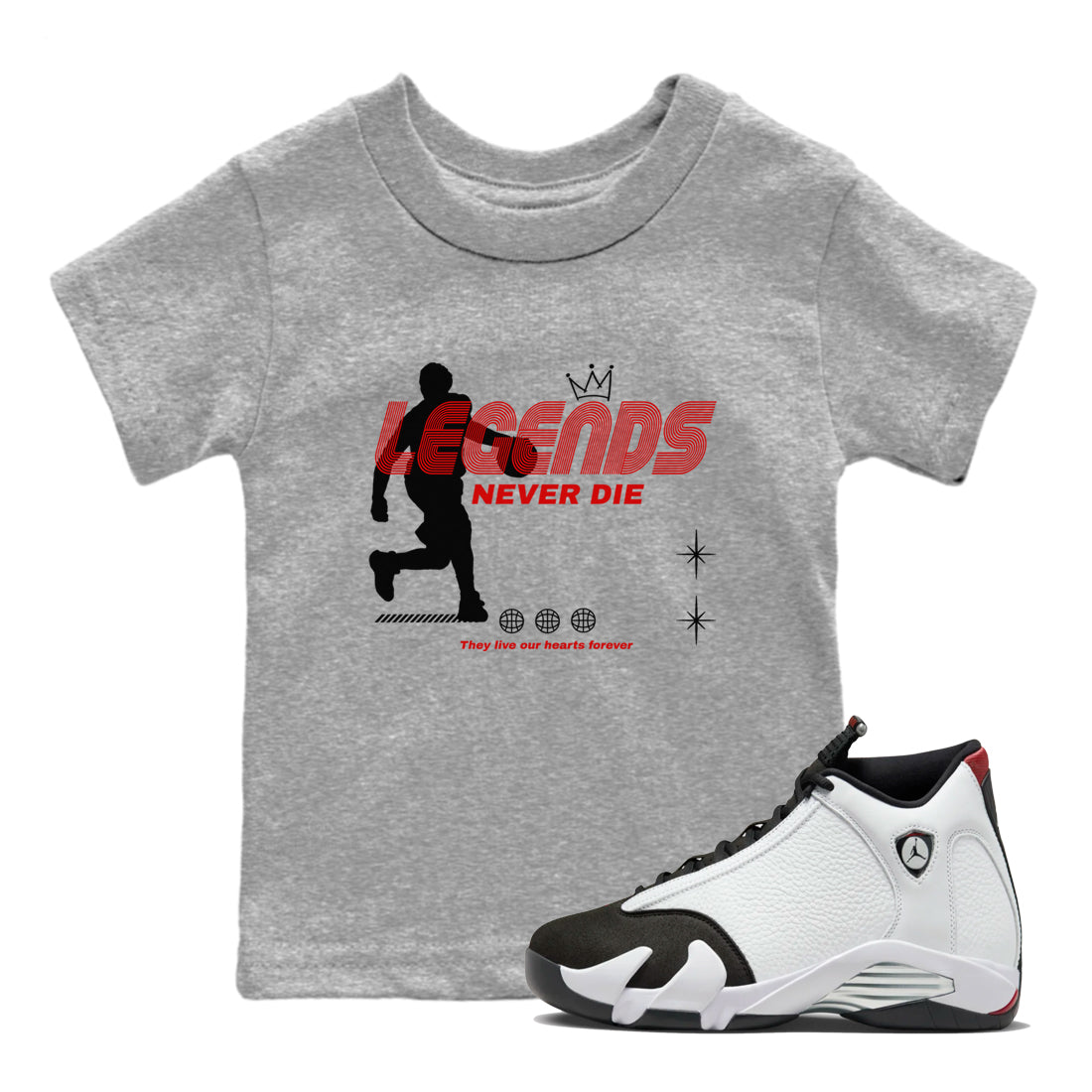 Jordan 14 Retro Black Toe t shirts to match sneakers Legends Never Die sneaker match tees 14s Black Toe sneaker match tee Drip Gear Zone Youth Baby Heather Grey 1 tee