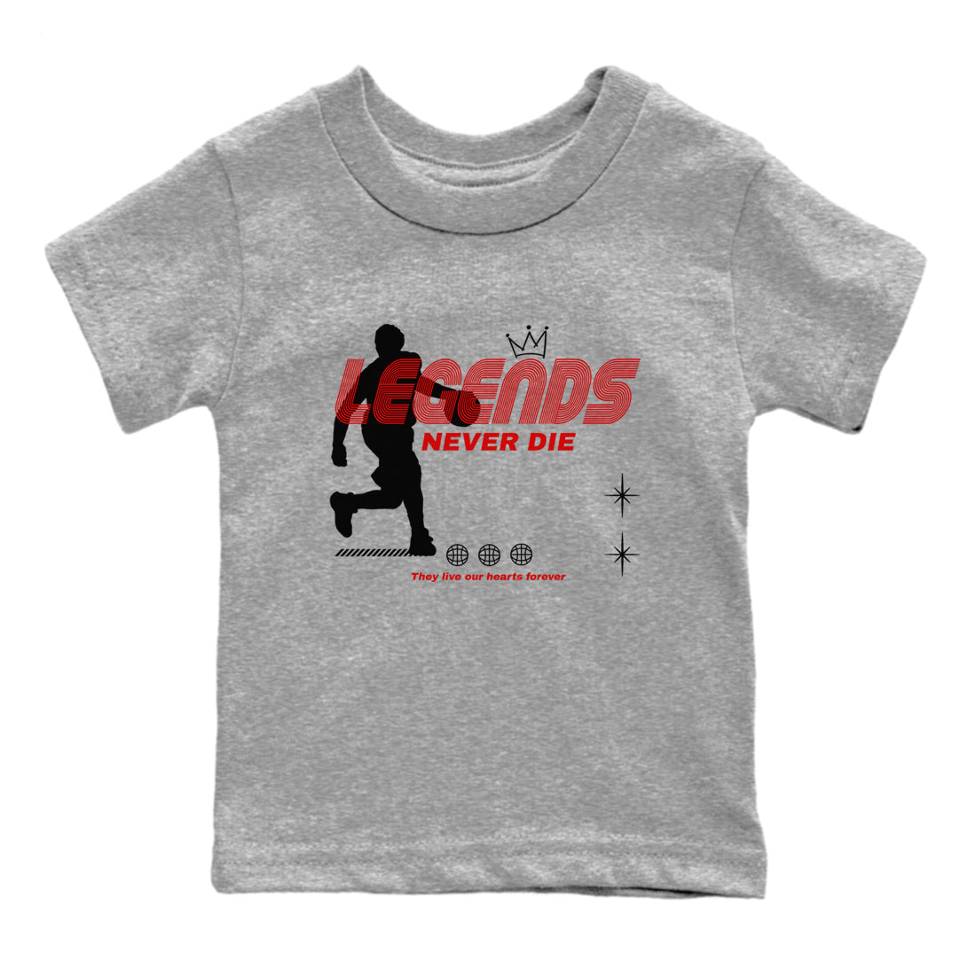 Jordan 14 Retro Black Toe t shirts to match sneakers Legends Never Die sneaker match tees 14s Black Toe sneaker match tee Drip Gear Zone Youth Baby Heather Grey 2 tee