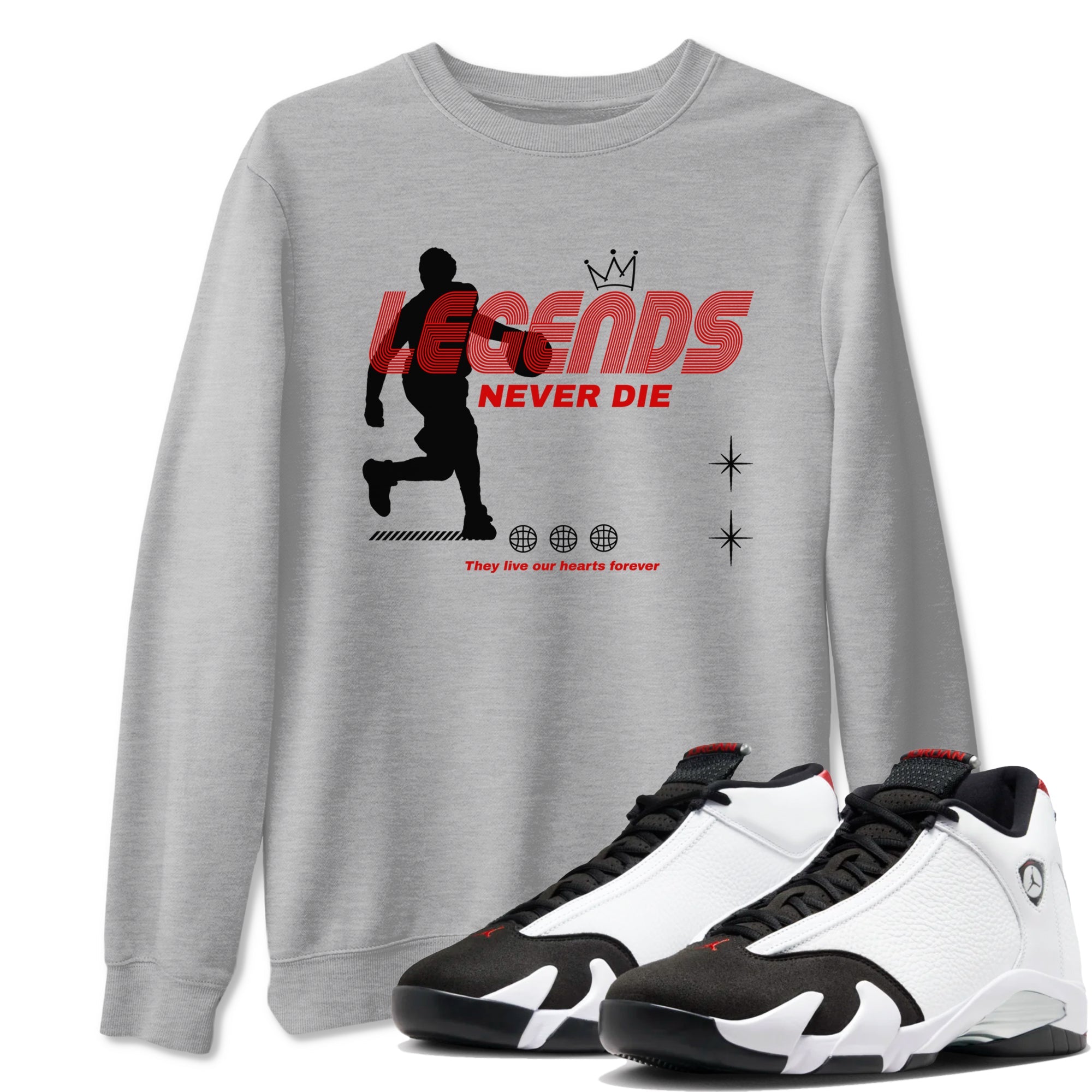 Air Jordan 14 Black Toe t shirts to match sneakers Legends Never Die sneaker match tees 14s Black Toe sneaker match tee Drip Gear Zone unisex cotton Heather Grey 1 shirts