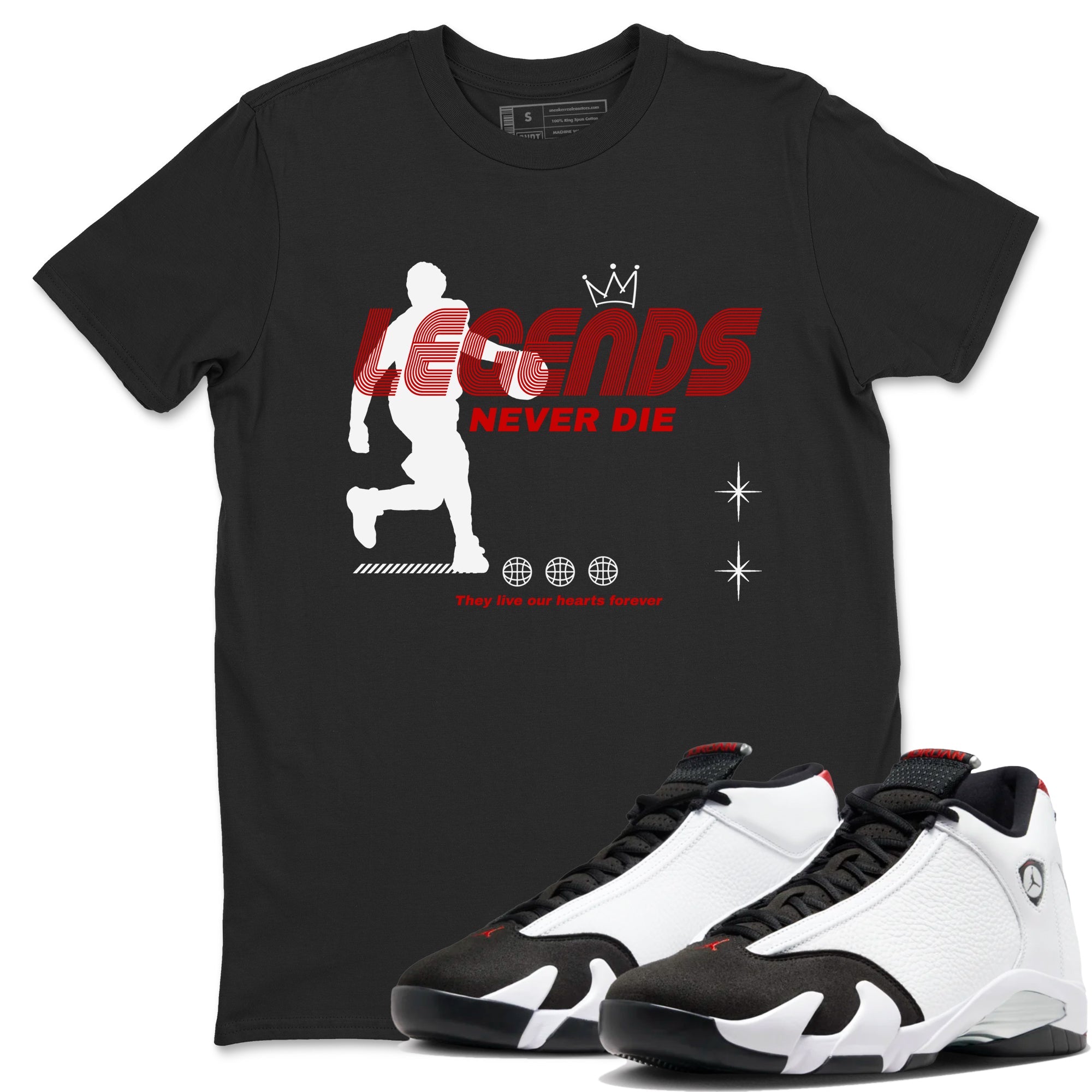Air Jordan 14 Black Toe t shirts to match sneakers Legends Never Die sneaker match tees 14s Black Toe sneaker match tee Drip Gear Zone unisex cotton Black 1 shirts