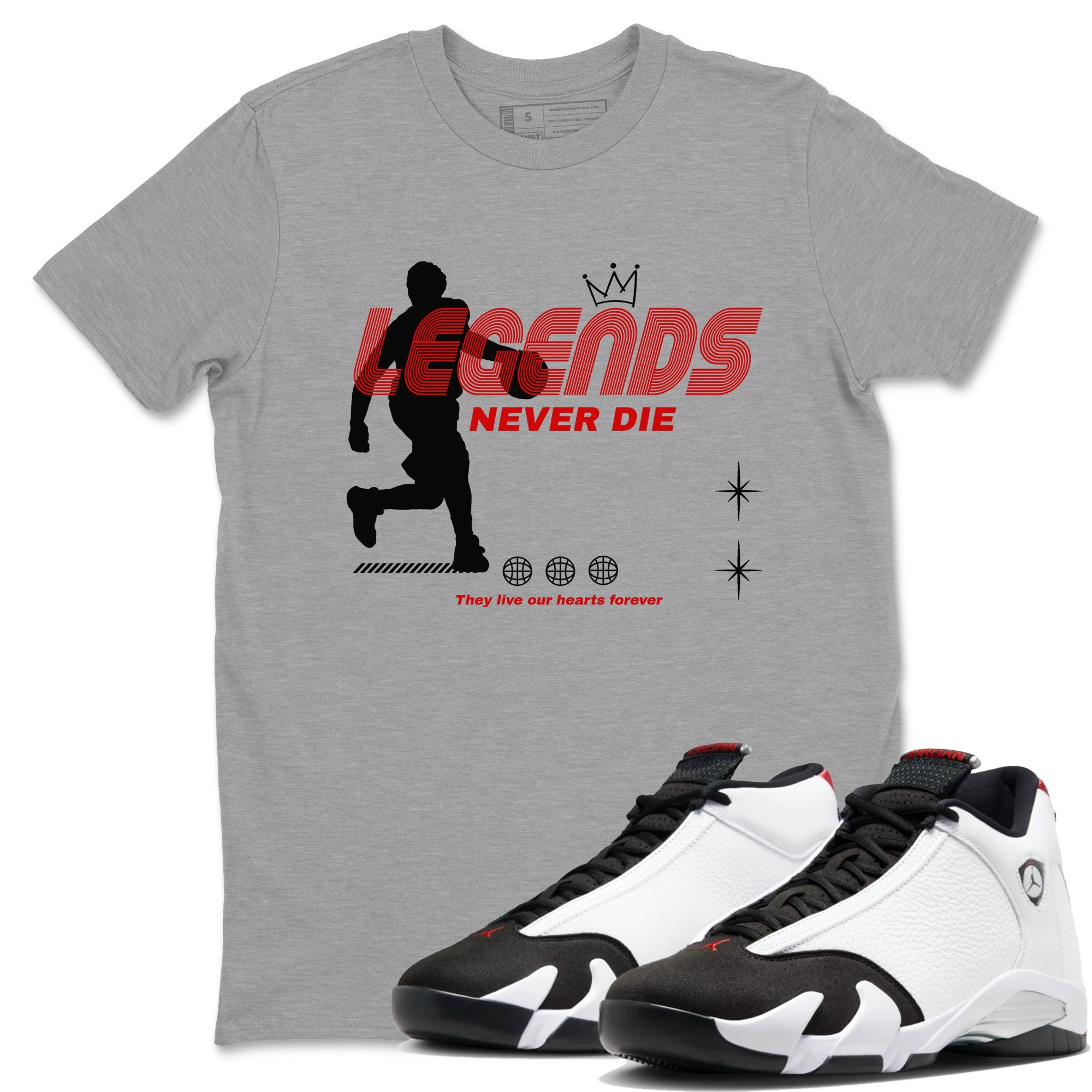 Air Jordan 14 Black Toe t shirts to match sneakers Legends Never Die sneaker match tees 14s Black Toe sneaker match tee Drip Gear Zone unisex cotton Heather Grey 1 shirts