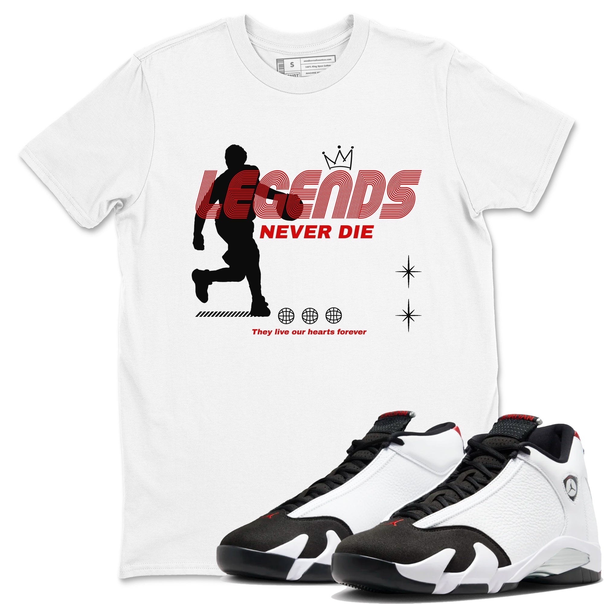 Air Jordan 14 Black Toe t shirts to match sneakers Legends Never Die sneaker match tees 14s Black Toe sneaker match tee Drip Gear Zone unisex cotton White 1 shirts