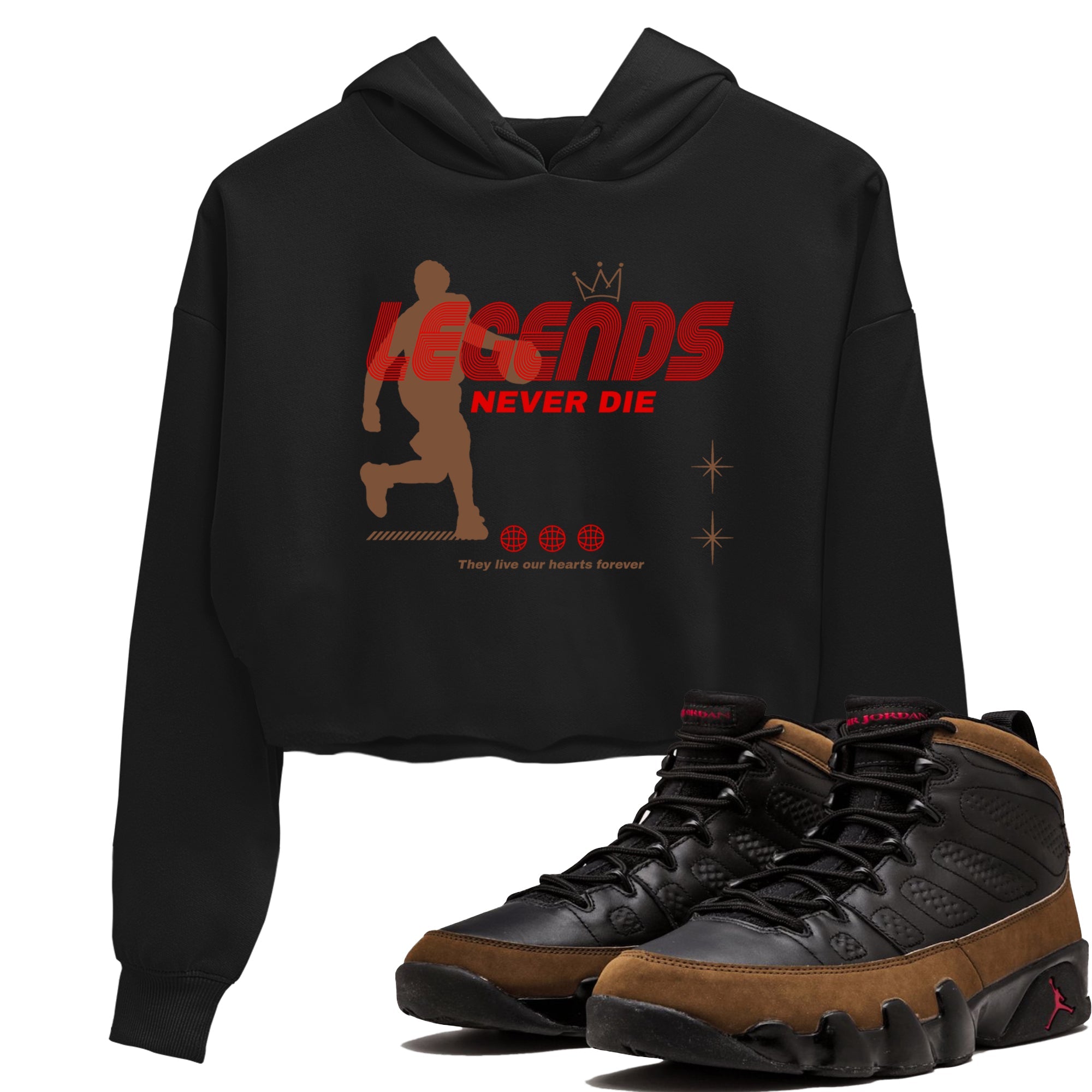 9s Olive shirts to match jordans Legends Never Die sneaker match tees Air Jordan 9 Olive match shoes to clothes Drip Gear Zone unisex cotton Black 1 crop tee