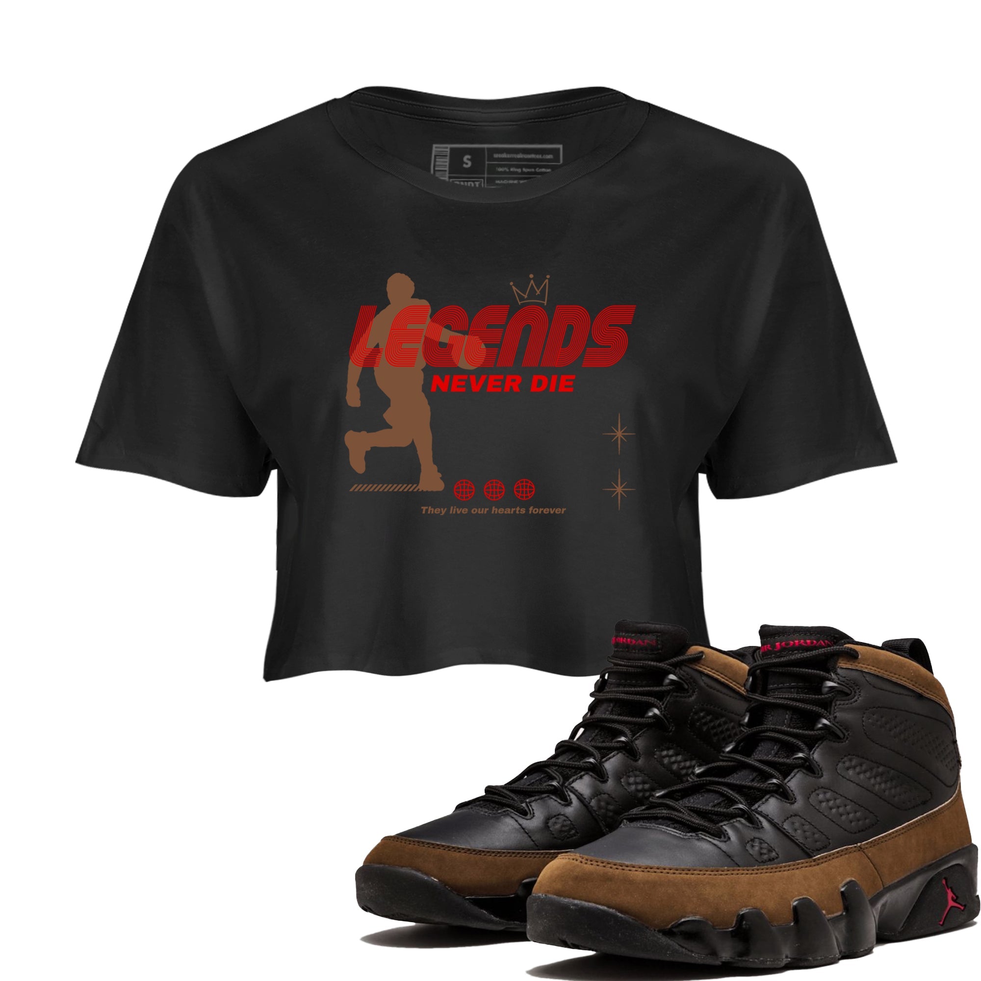9s Olive shirts to match jordans Legends Never Die sneaker match tees Air Jordan 9 Olive match shoes to clothes Drip Gear Zone unisex cotton Black 1 crop tee