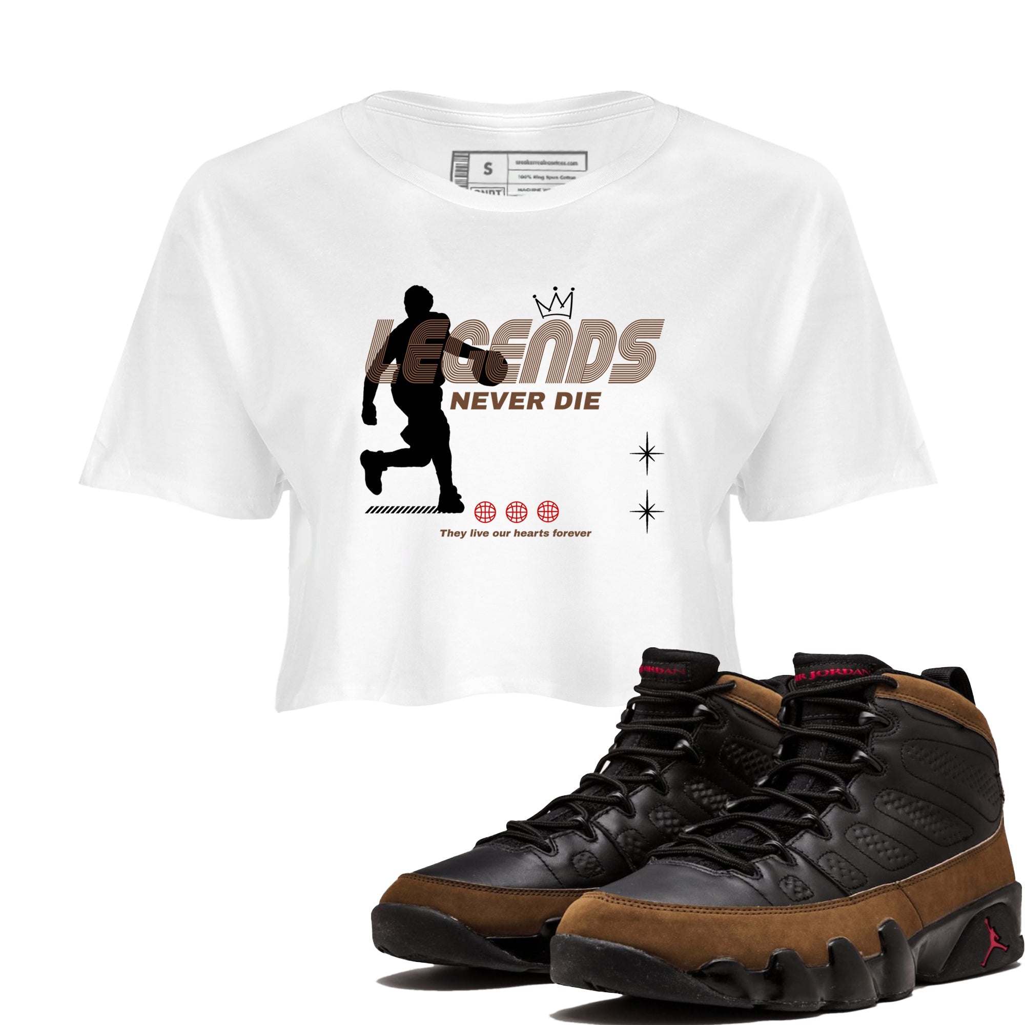 9s Olive shirts to match jordans Legends Never Die sneaker match tees Air Jordan 9 Olive match shoes to clothes Drip Gear Zone unisex cotton White 1 crop tee