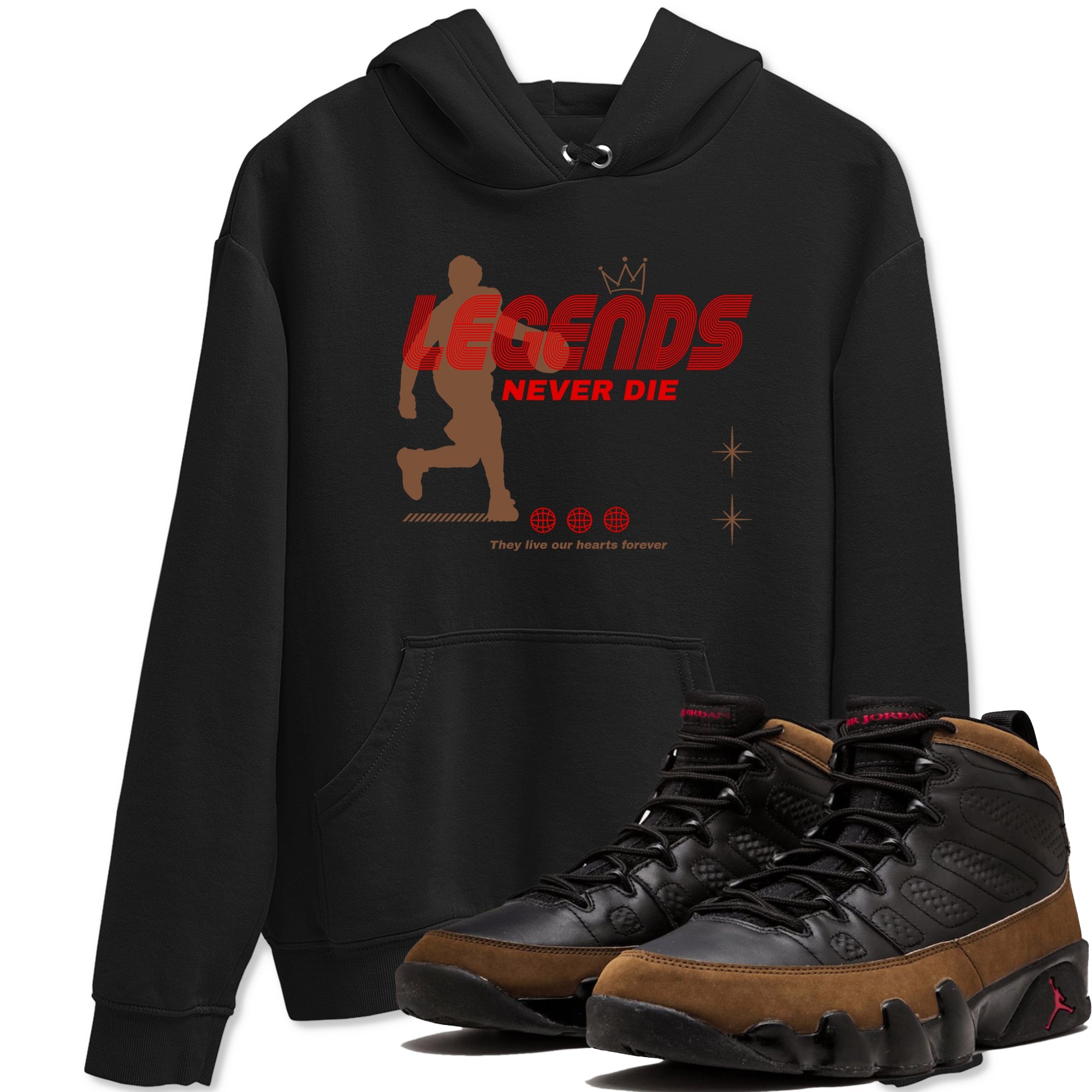 9s Olive shirts to match jordans Legends Never Die sneaker match tees Air Jordan 9 Olive match shoes to clothes Drip Gear Zone unisex cotton Black 1 shirts