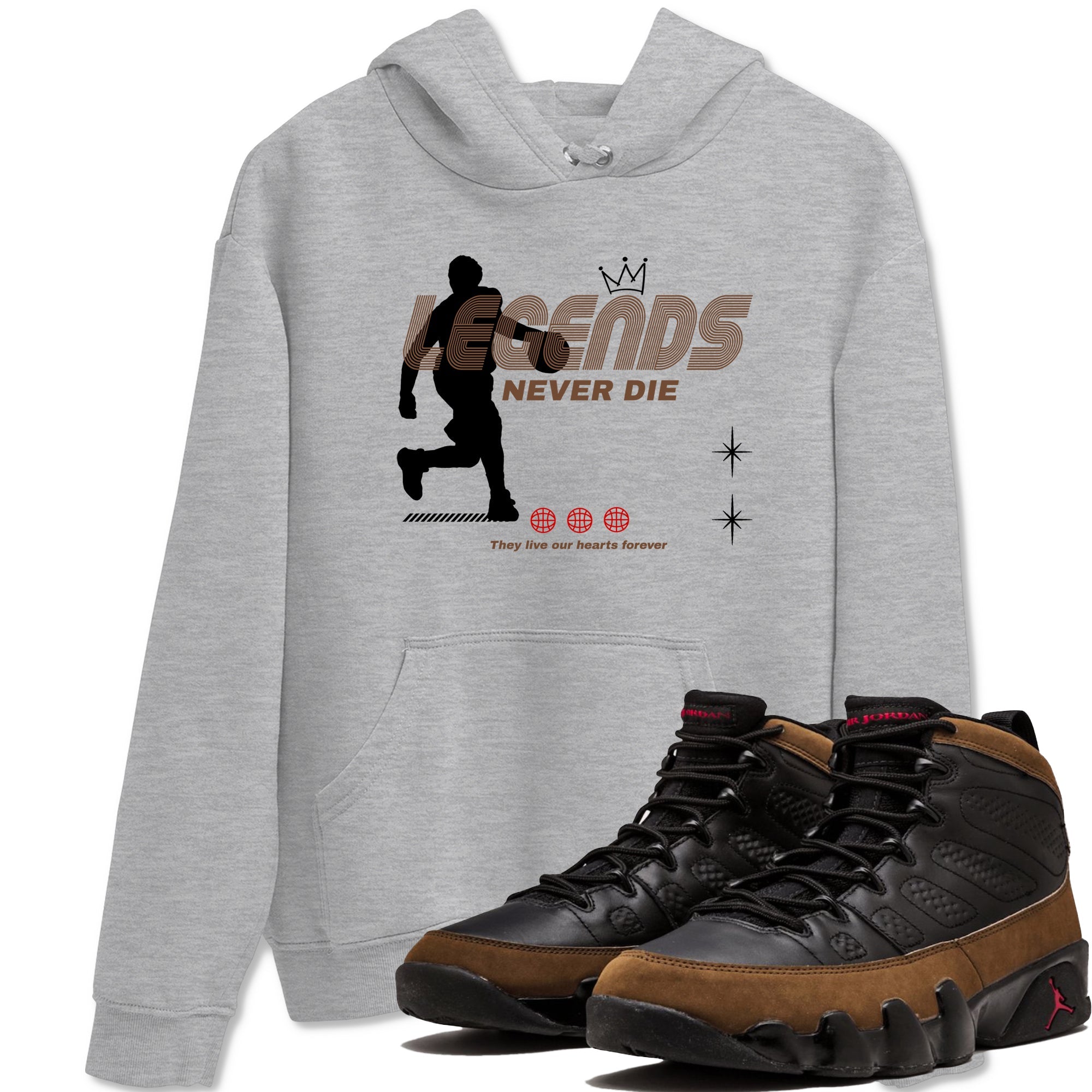 9s Olive shirts to match jordans Legends Never Die sneaker match tees Air Jordan 9 Olive match shoes to clothes Drip Gear Zone unisex cotton Heather Grey 1 shirts