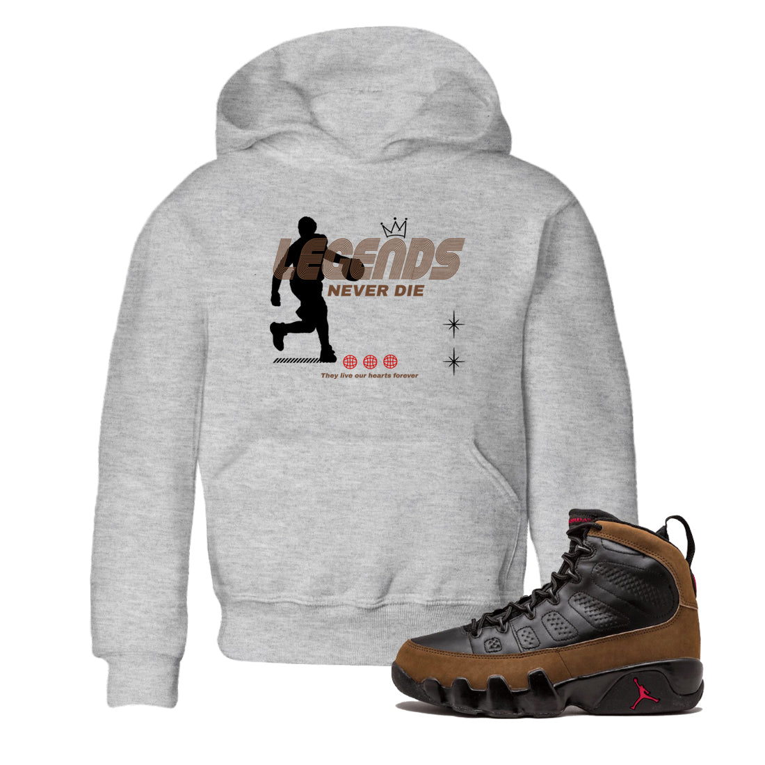 9s Olive shirts to match jordans Legends Never Die sneaker match tees Air Jordan 9 Olive match shoes to clothes Drip Gear Zone Youth Baby Heather Grey 1 tee
