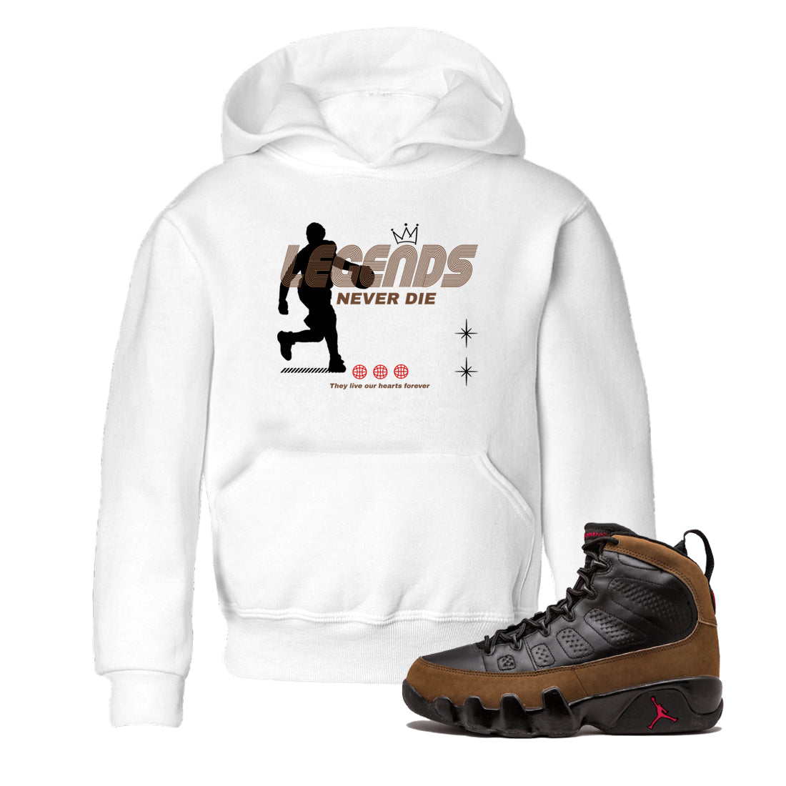 9s Olive shirts to match jordans Legends Never Die sneaker match tees Air Jordan 9 Olive match shoes to clothes Drip Gear Zone Youth Baby White 1 tee