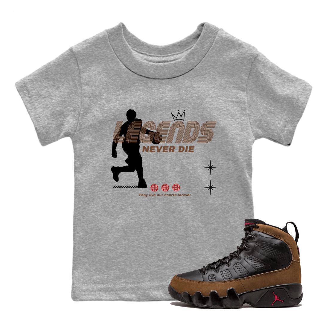 9s Olive shirts to match jordans Legends Never Die sneaker match tees Air Jordan 9 Olive match shoes to clothes Drip Gear Zone Youth Baby Heather Grey 1 tee