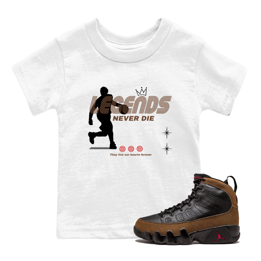 9s Olive shirts to match jordans Legends Never Die sneaker match tees Air Jordan 9 Olive match shoes to clothes Drip Gear Zone Youth Baby White 1 tee