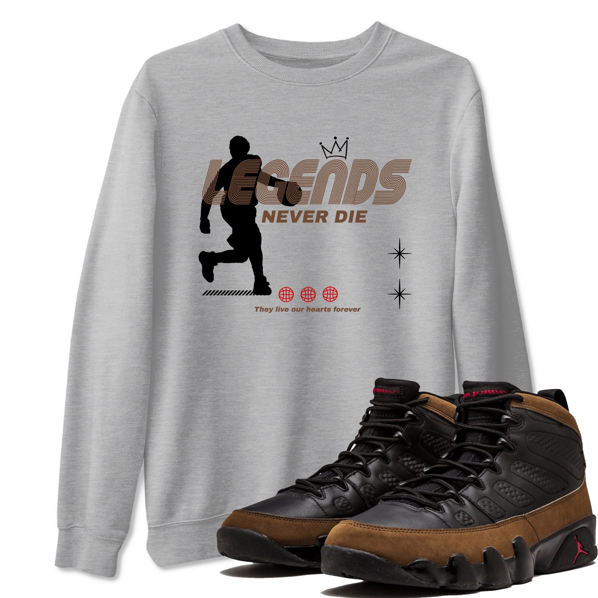9s Olive shirts to match jordans Legends Never Die sneaker match tees Air Jordan 9 Olive match shoes to clothes Drip Gear Zone unisex cotton Heather Grey 1 shirts