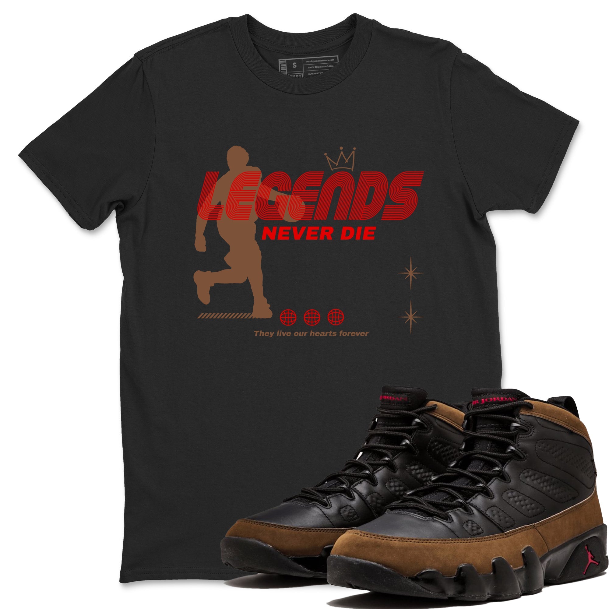 9s Olive shirts to match jordans Legends Never Die sneaker match tees Air Jordan 9 Olive match shoes to clothes Drip Gear Zone unisex cotton Black 1 shirts