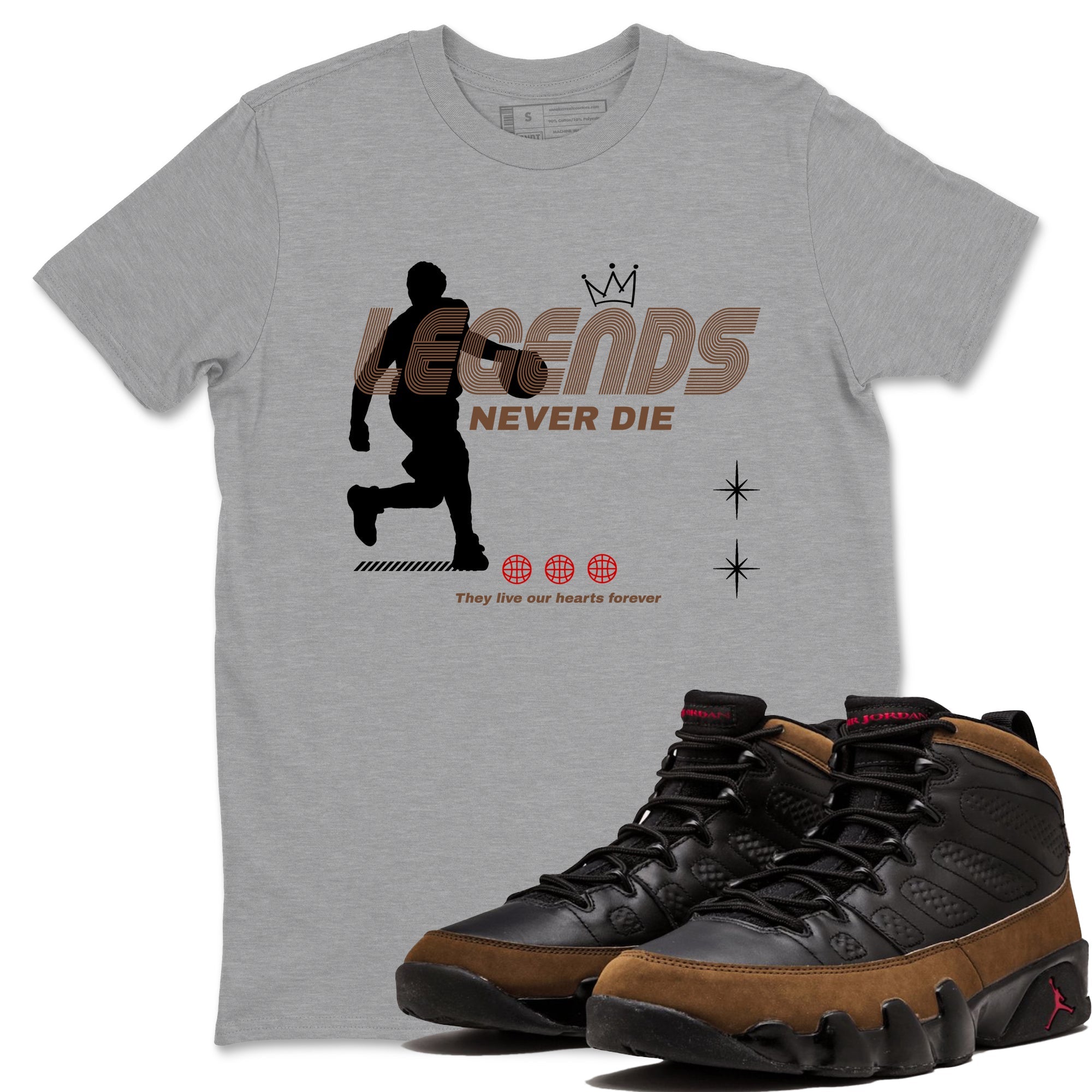 9s Olive shirts to match jordans Legends Never Die sneaker match tees Air Jordan 9 Olive match shoes to clothes Drip Gear Zone unisex cotton Heather Grey 1 shirts