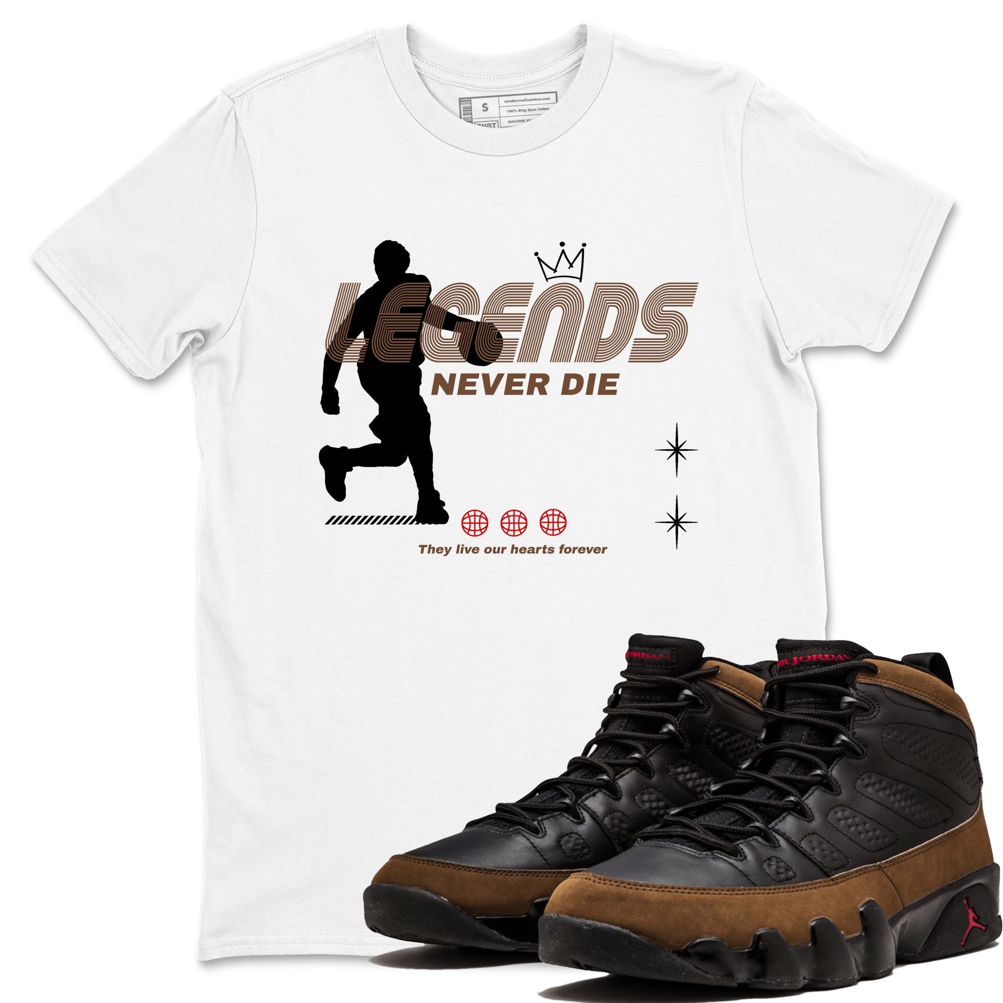 9s Olive shirts to match jordans Legends Never Die sneaker match tees Air Jordan 9 Olive match shoes to clothes Drip Gear Zone unisex cotton White 1 shirts