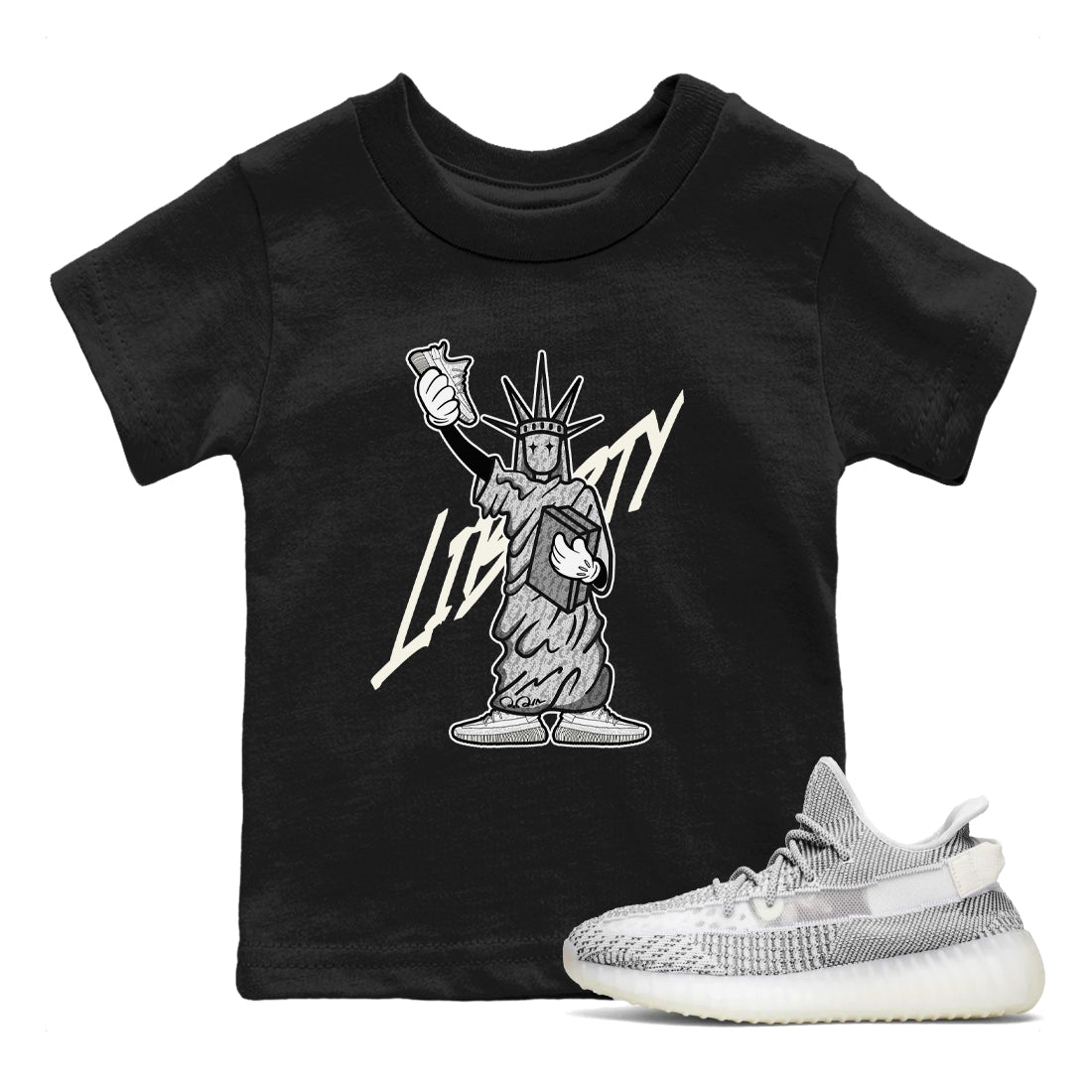 Yeezy 350 Static shirt to match jordans Liberty Of Staute sneaker tees Adidas Yeezy 350 Static Drip Gear Zone Baby Toddler Black 1 T-Shirt