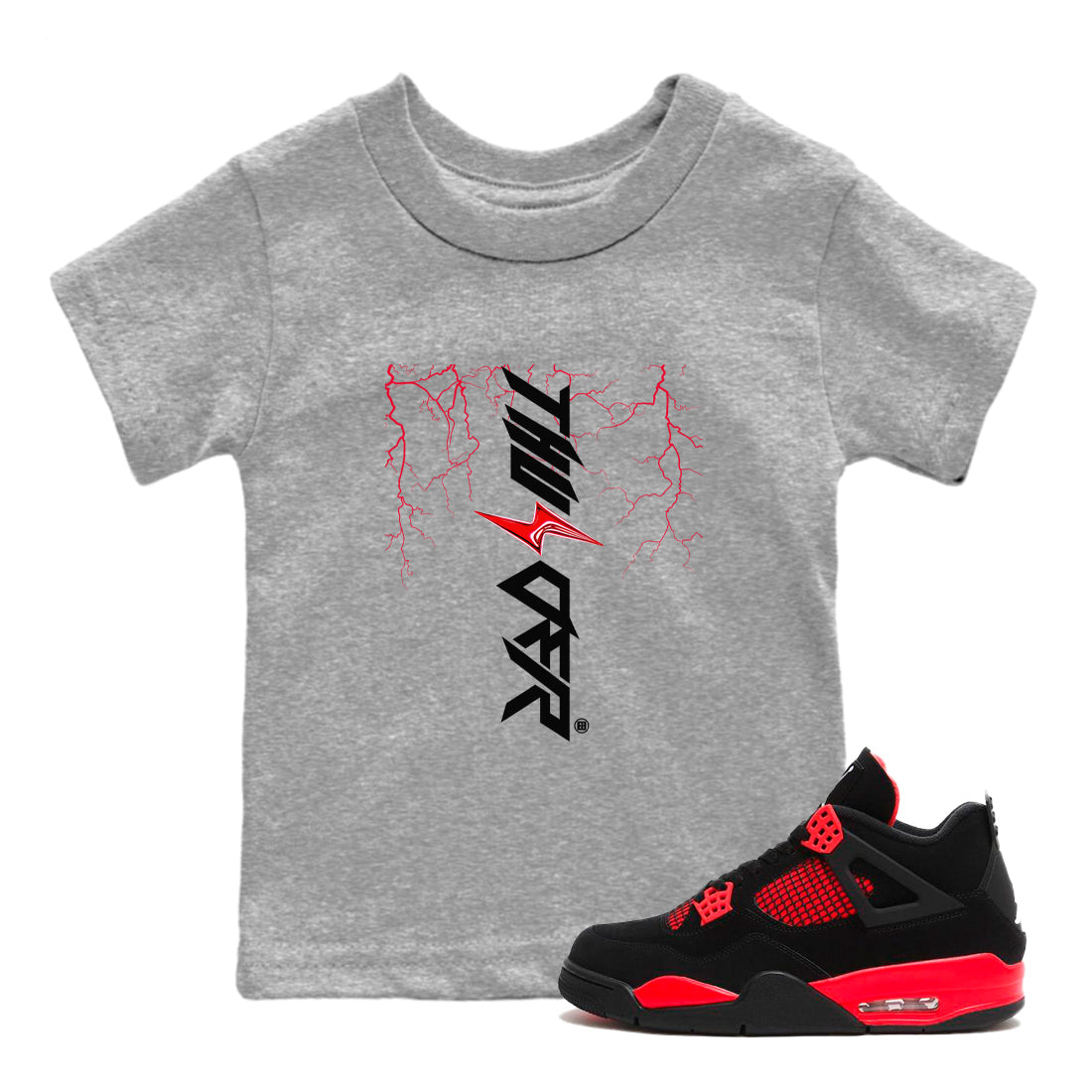4s Red Thunder shirts to match jordans Lightning Thunder sneaker match tees Air Jordan 4 Red Thunder Drip Gear Zone streetwear brand Baby and Youth Heather Grey 1 cotton tee