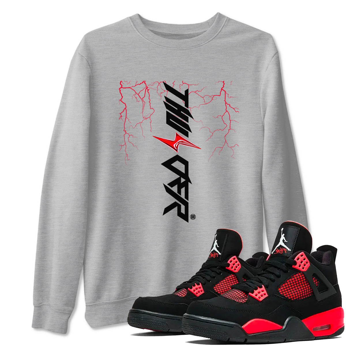 4s Red Thunder shirts to match jordans Lightning Thunder sneaker match tees Air Jordan 4 Red Thunder Drip Gear Zone streetwear brand Heather Grey 1 unisex cotton tee