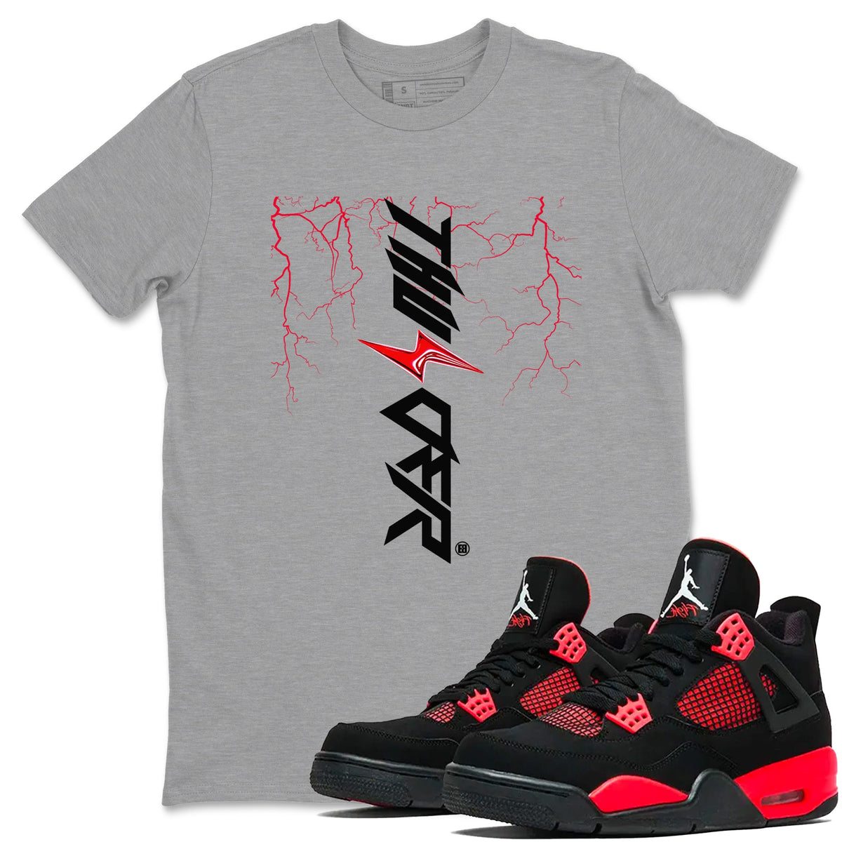 4s Red Thunder shirts to match jordans Lightning Thunder sneaker match tees Air Jordan 4 Red Thunder Drip Gear Zone streetwear brand Heather Grey 1 unisex cotton tee