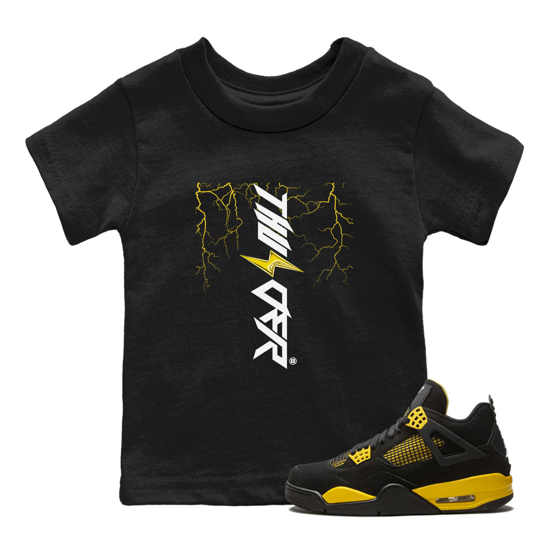 AJ4 Thunder shirts to match jordans Lightning Thunder sneaker match tees Air Jordan 4 Thunder Drip Gear Zone streetwear brand Baby and Youth Black 1 cotton tee