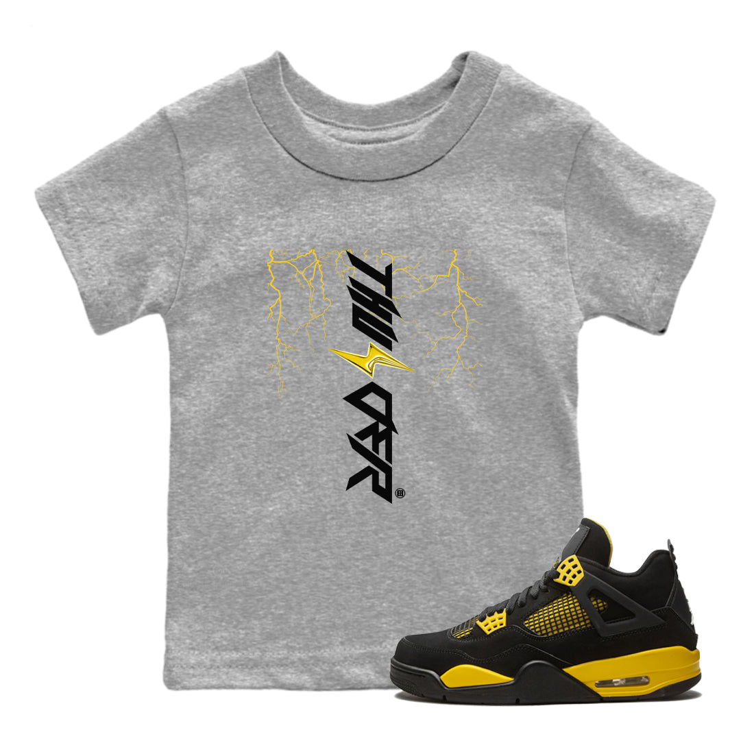 AJ4 Thunder shirts to match jordans Lightning Thunder sneaker match tees Air Jordan 4 Thunder Drip Gear Zone streetwear brand Baby and Youth Heather Grey 1 cotton tee